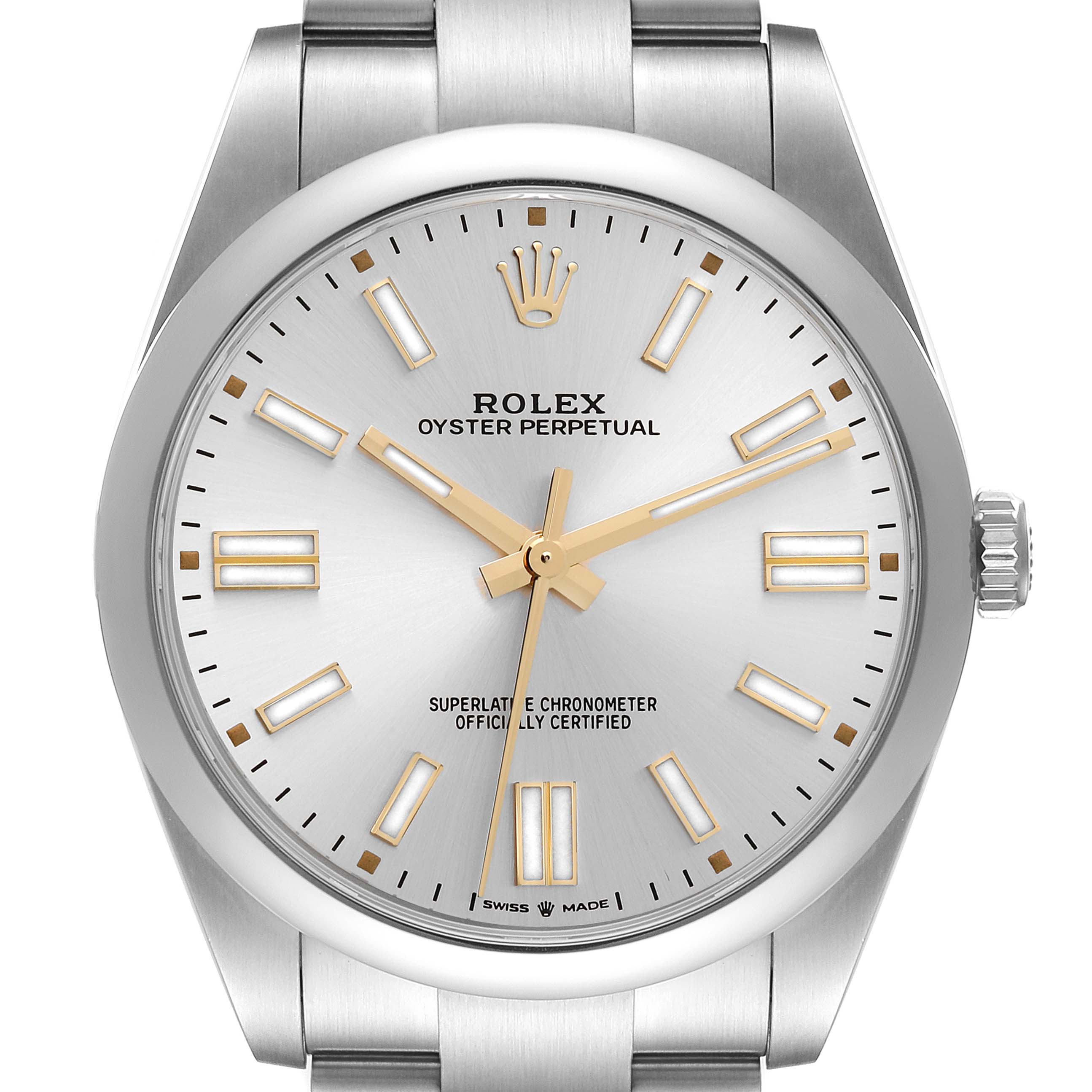 This image shows a frontal view of a Rolex Oyster Perpetual 124300 Men's Stainless Steel Silver Dial 124300 Men's Stainless Steel Silver Dial watch, highlighting its dial, hands, crown, and part of the bracelet.