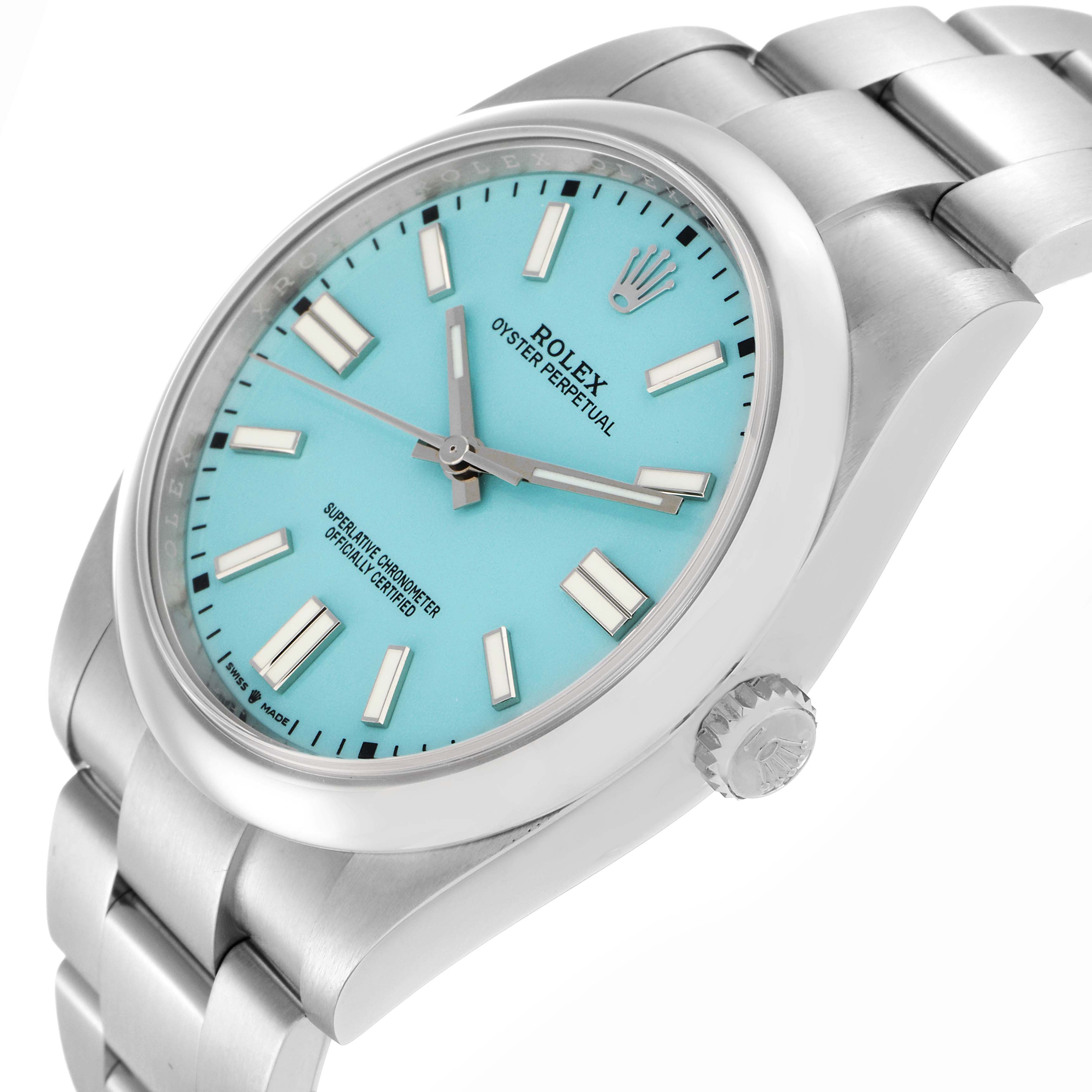 The image shows a Rolex Oyster Perpetual model 124300 from a side angle, highlighting the turquoise dial, crown, and stainless steel bracelet.