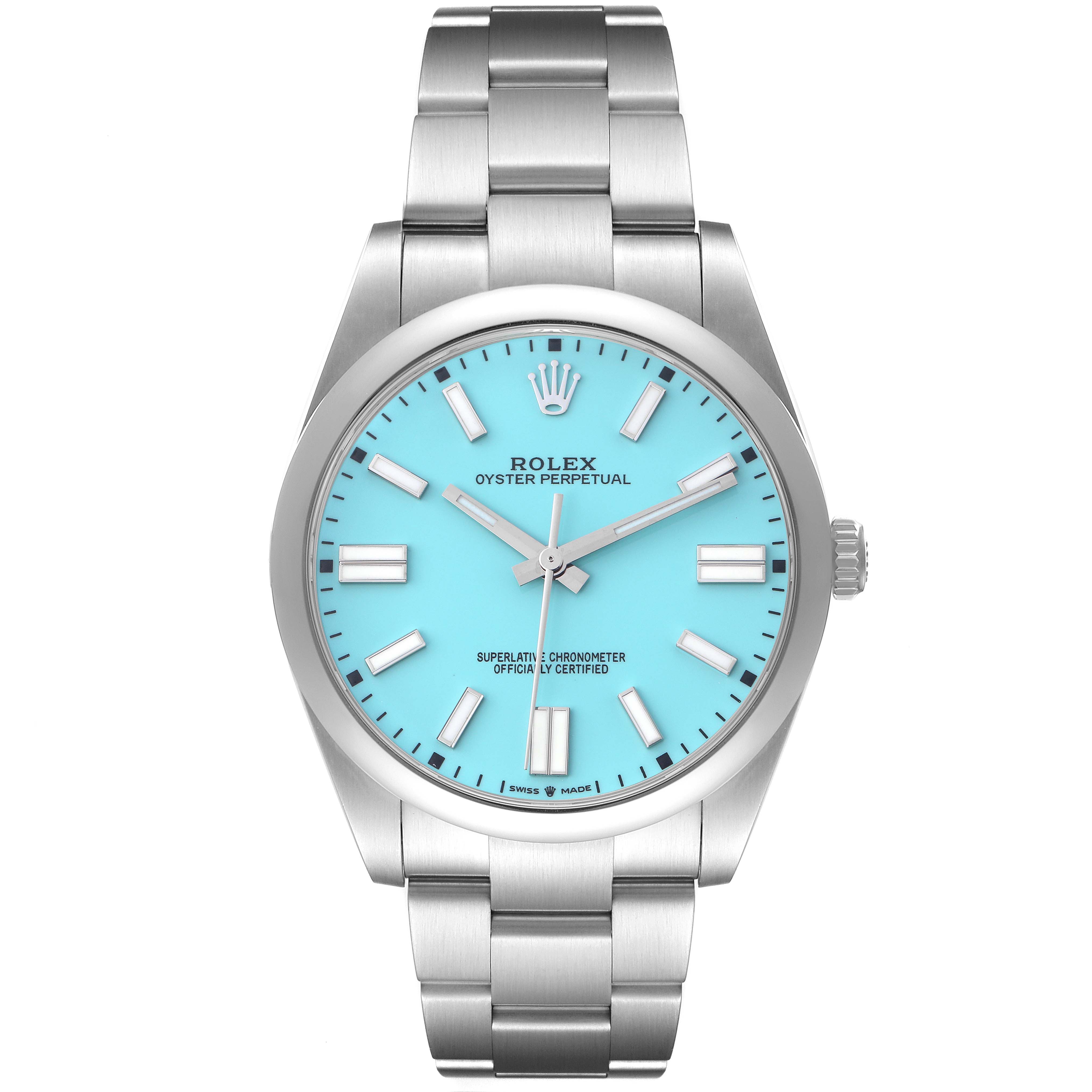 The image shows a front view of the Rolex Oyster Perpetual model 124300 men's watch, highlighting its dial, bezel, and bracelet.