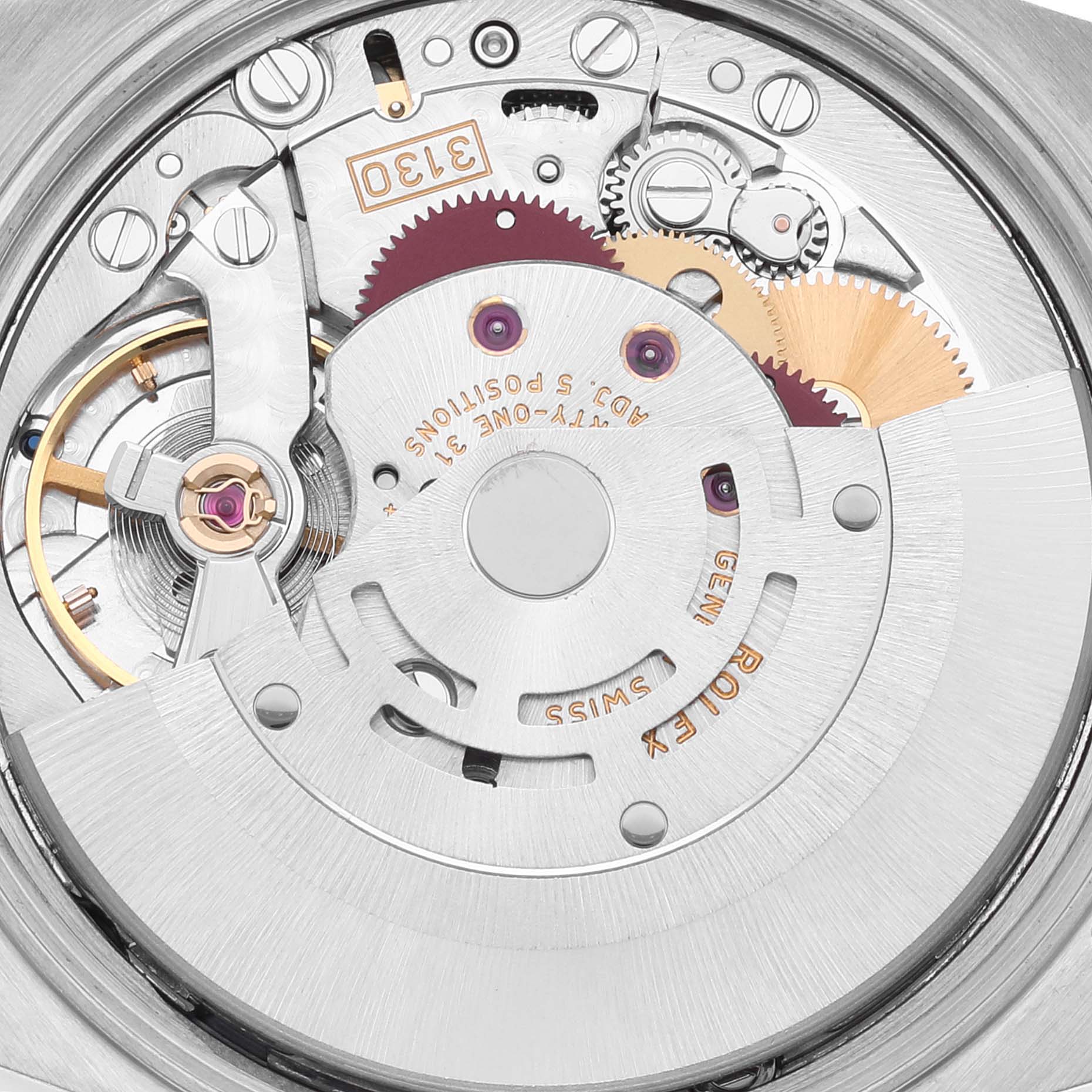 This image shows the intricate inner mechanism of the Rolex Oyster Perpetual 14233 Men's Steel and Gold (two tone) Champagne Dial 14233 Men's Steel and Gold (two tone) Champagne Dial watch, including gears and the movement.