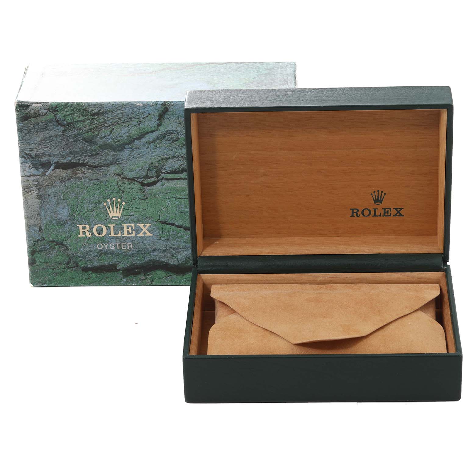 The image shows the box and inner pouch for a Rolex Oyster Perpetual 14233 Men's Steel and Gold (two tone) Champagne Dial 14233 Men's Steel and Gold (two tone) Champagne Dial watch with the box lid open.