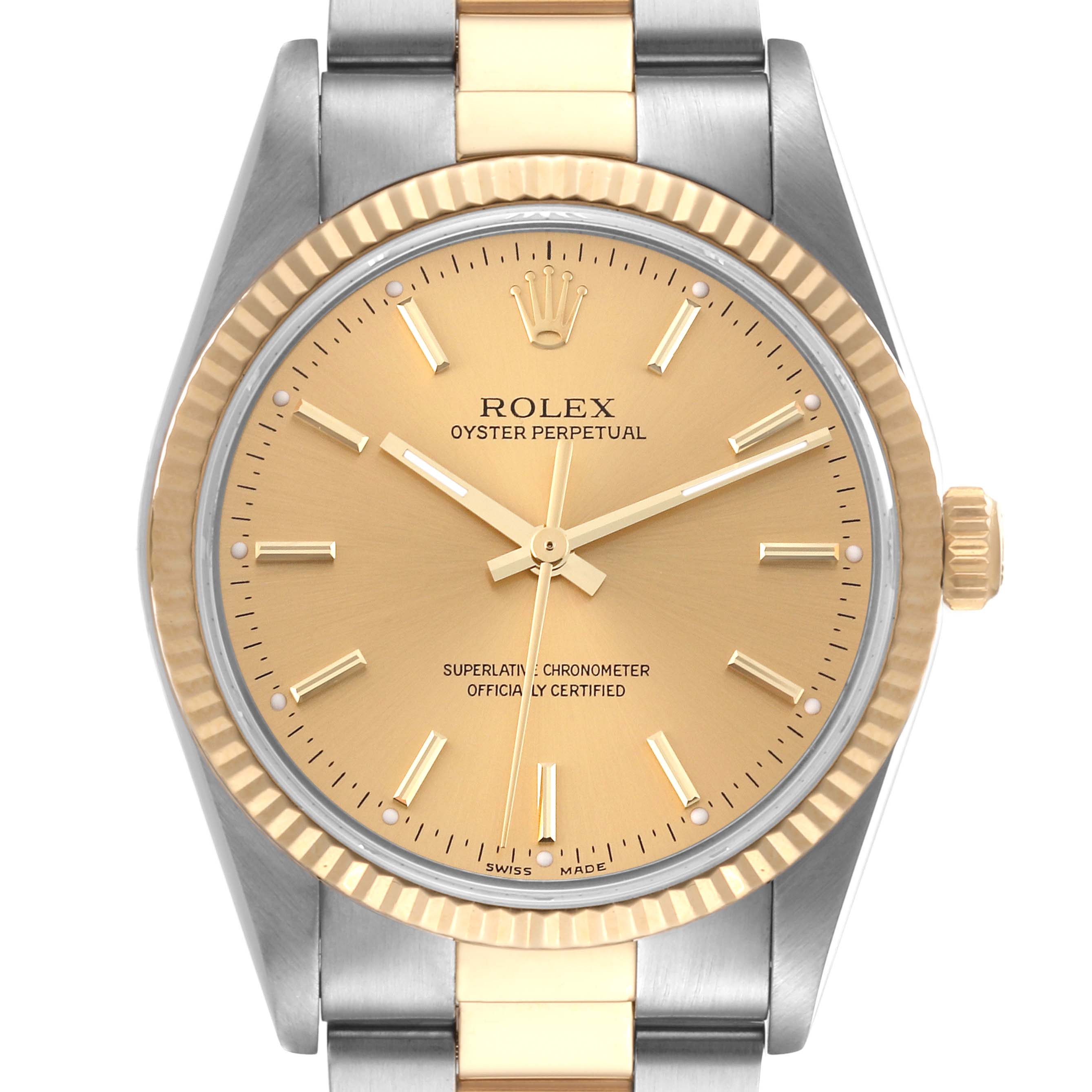 This image shows a close-up, front view of the Rolex Oyster Perpetual 14233 Men's Steel and Gold (two tone) Champagne Dial 14233 Men's Steel and Gold (two tone) Champagne Dial watch, featuring the watch face, bezel, and part of the bracelet.