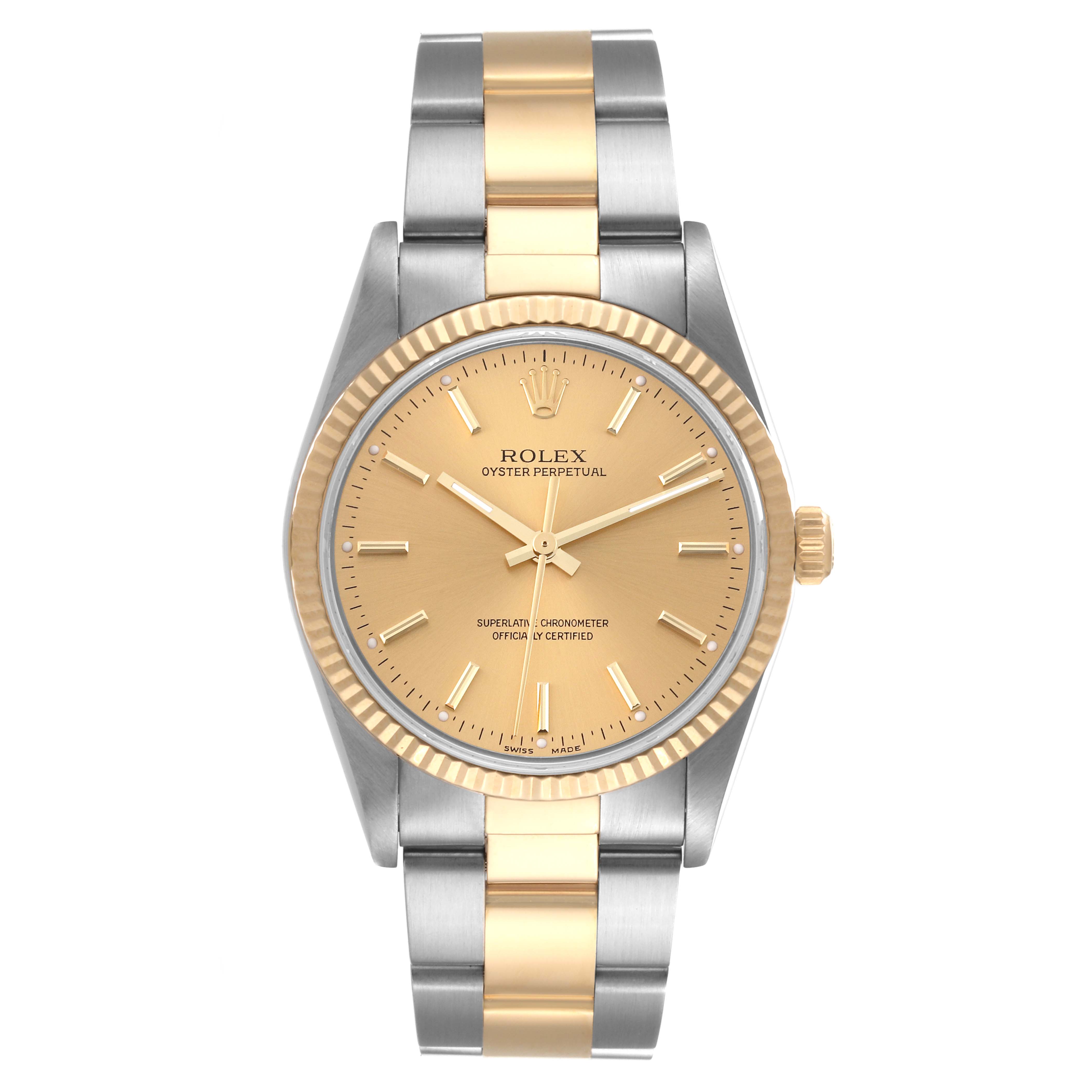 This image shows a frontal view of a Rolex Oyster Perpetual 14233 Men's Steel and Gold (two tone) Champagne Dial 14233 Men's Steel and Gold (two tone) Champagne Dial watch with a two-tone gold and silver bracelet and gold dial.