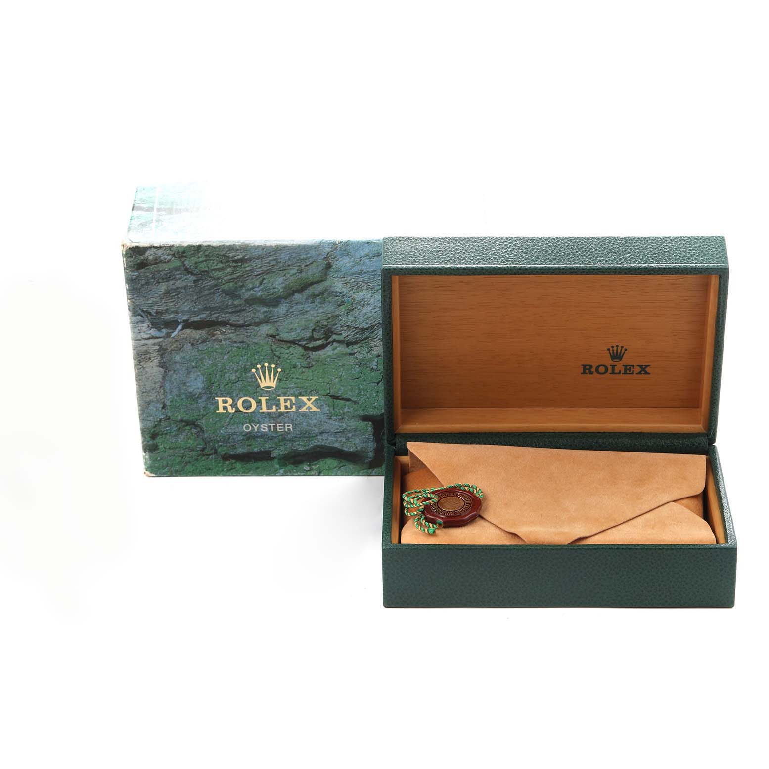 The image shows the packaging and box of a Rolex Mid-Size 67480 Women's Stainless Steel Pink Dial model, with a tag included, but not the watch itself.