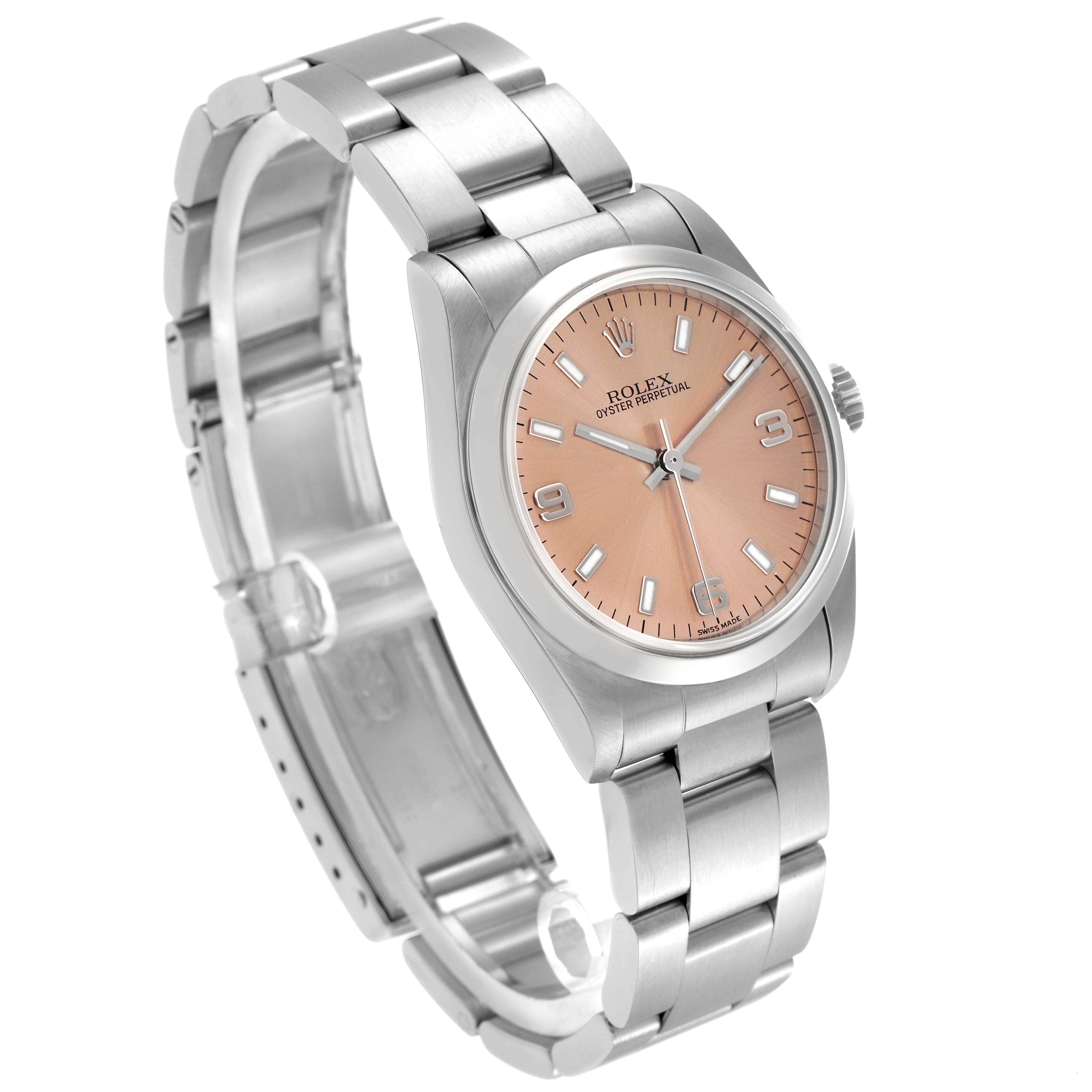 The Rolex Oyster Perpetual model 67480 men's watch is shown at a three-quarter angle, highlighting its bracelet, case, crown, and face with markers.