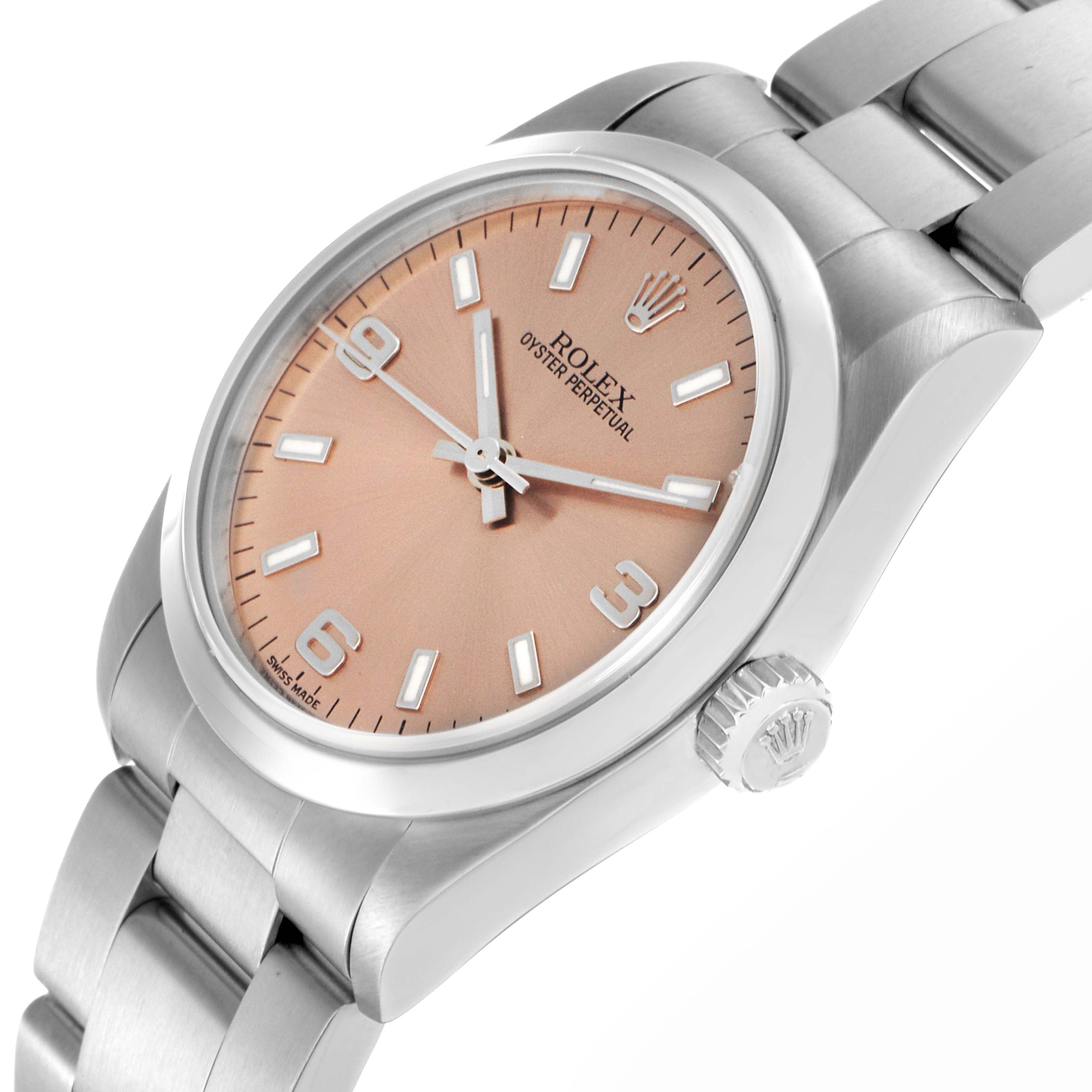 The image shows a Rolex Oyster Perpetual model 67480 from a three-quarter angle, highlighting the watch face, crown, and part of the bracelet.