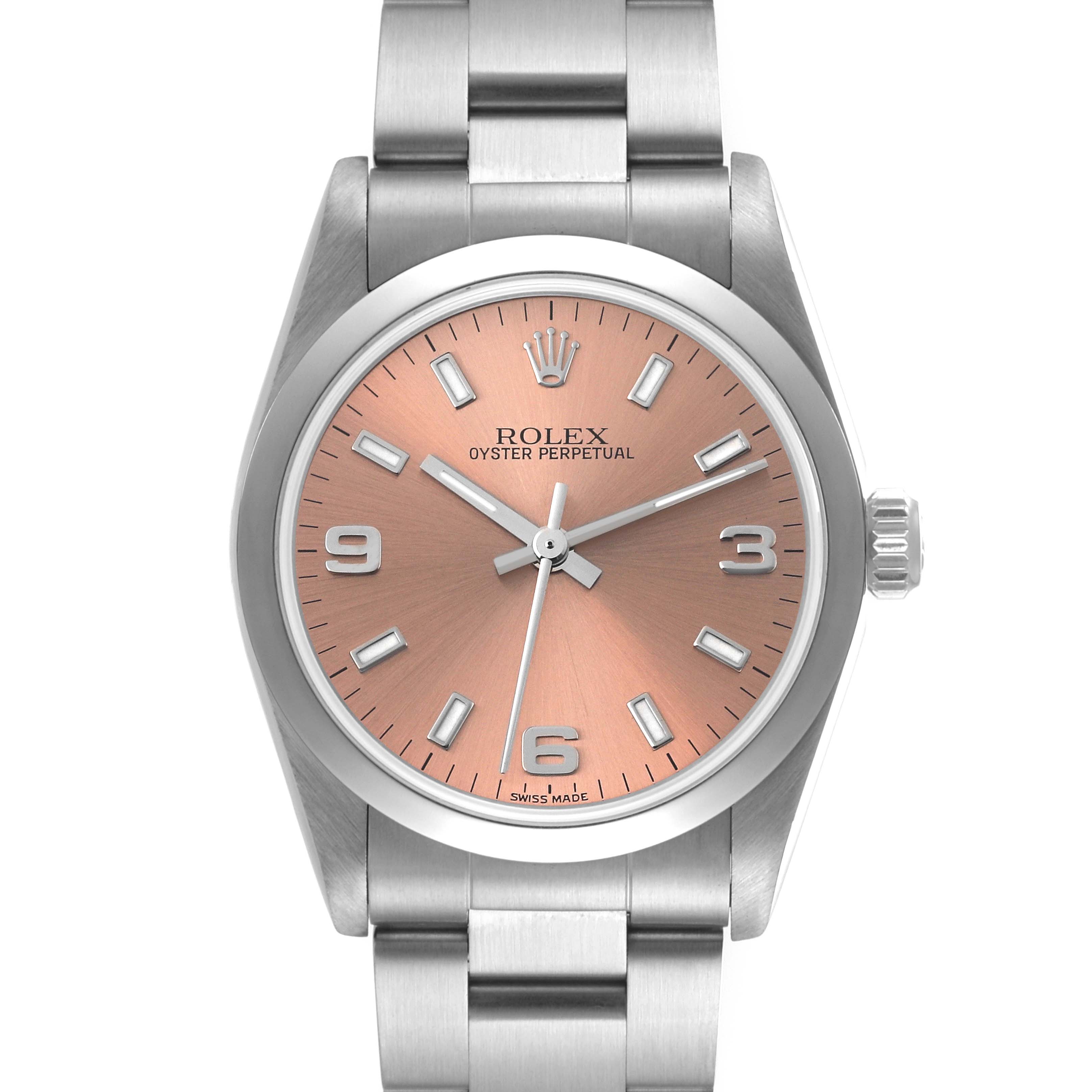 The image shows a Rolex Oyster Perpetual Mid-Size watch from a front angle, highlighting the dial and bracelet.