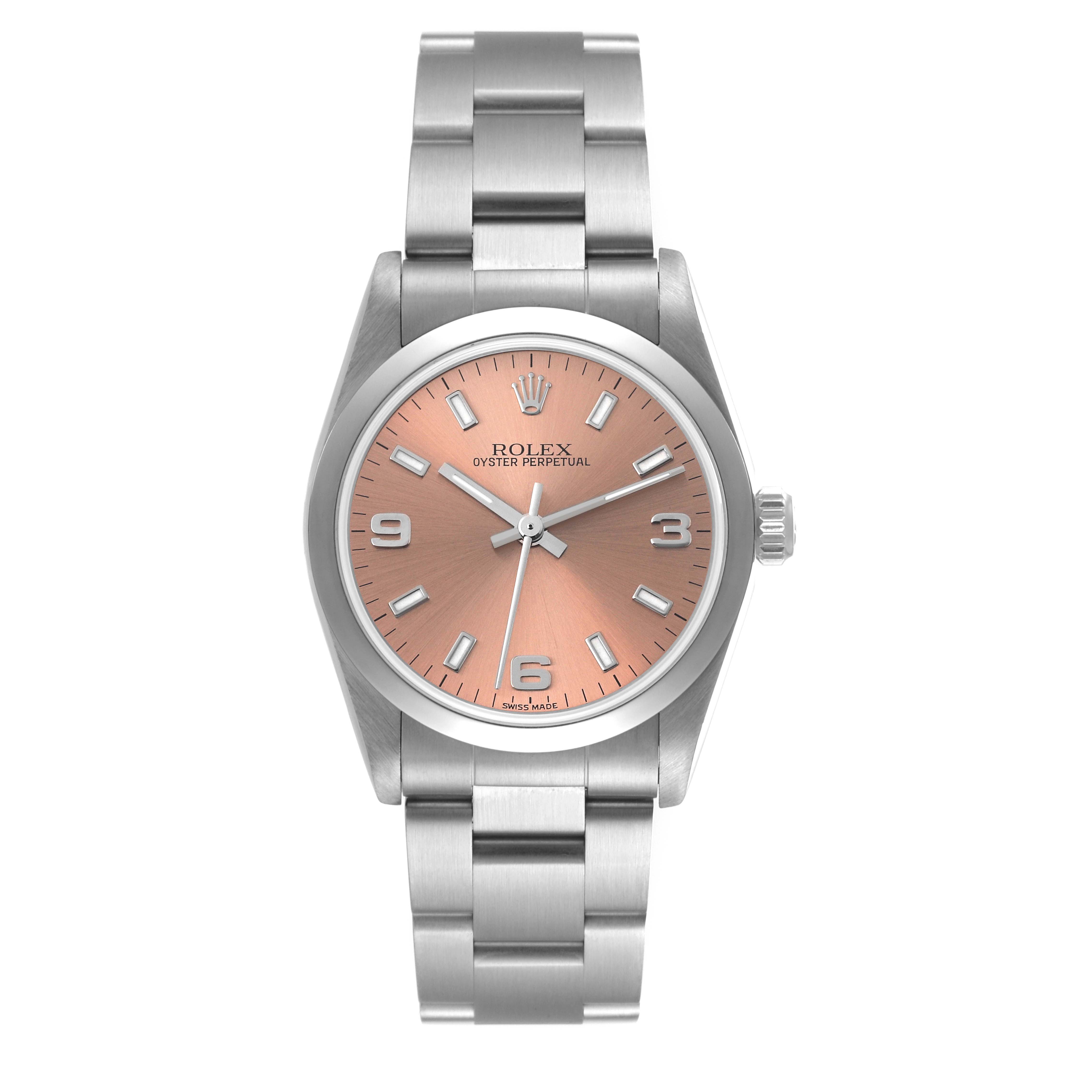 This image shows a front view of a Rolex Oyster Perpetual Mid-Size watch featuring a pink dial and metal bracelet.