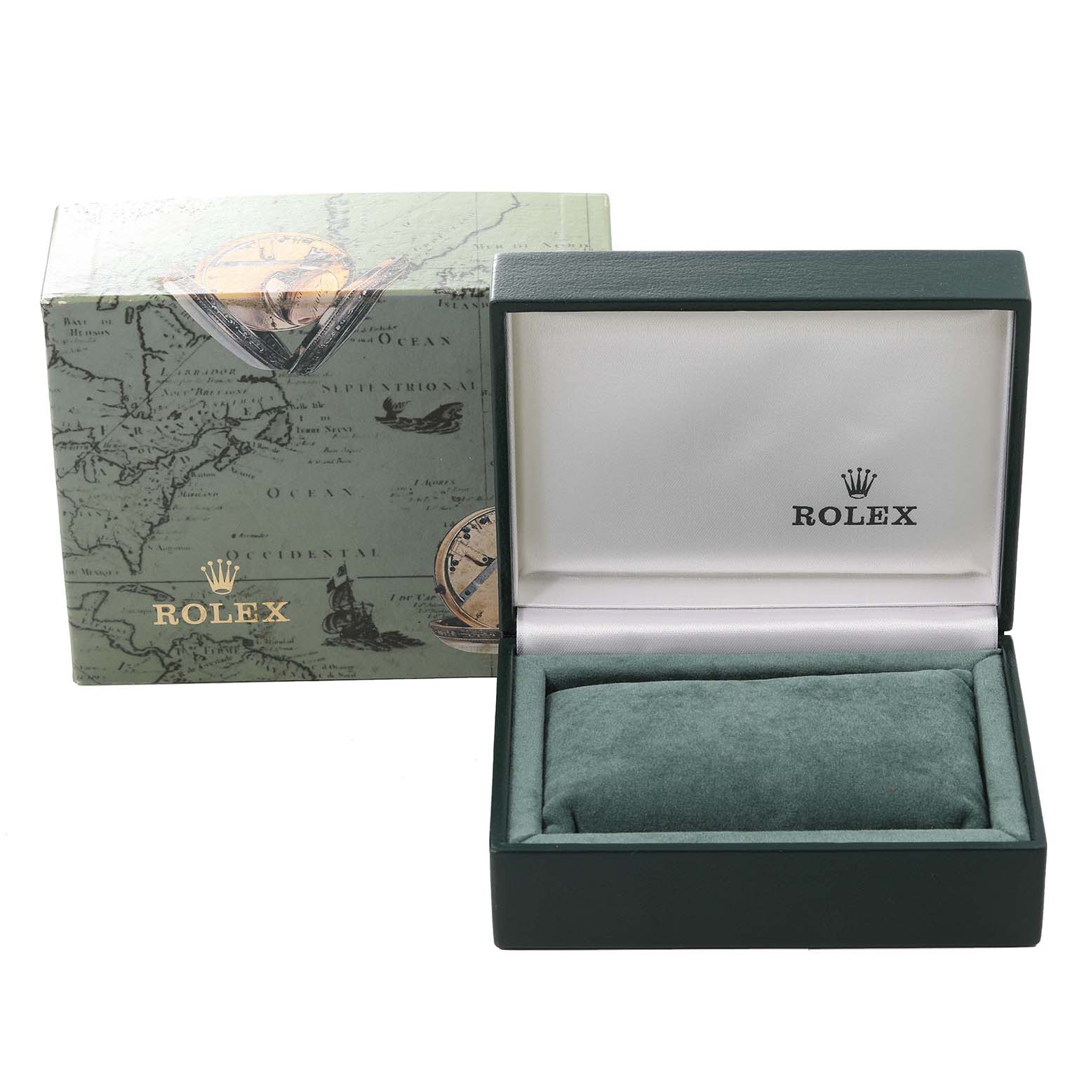 The image shows the packaging and open box for a Rolex Mid-Size 77080 Women's Stainless Steel Pink Dial 77080 Women's Stainless Steel Pink Dial model watch, displaying the exterior box and interior cushion.