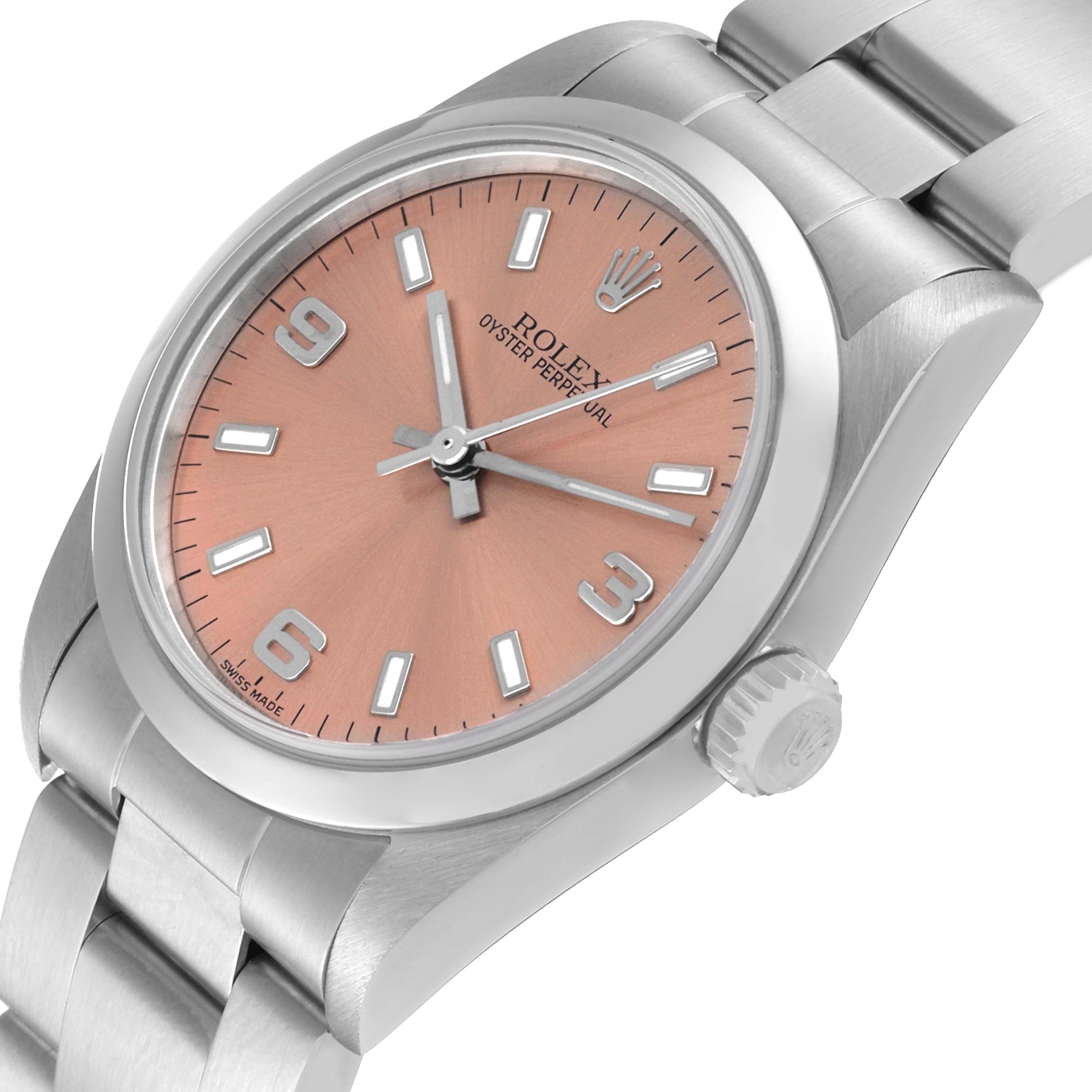 This image displays a Mid-Size Rolex Oyster Perpetual watch from a three-quarter angle, showcasing the dial, bezel, crown, and bracelet.