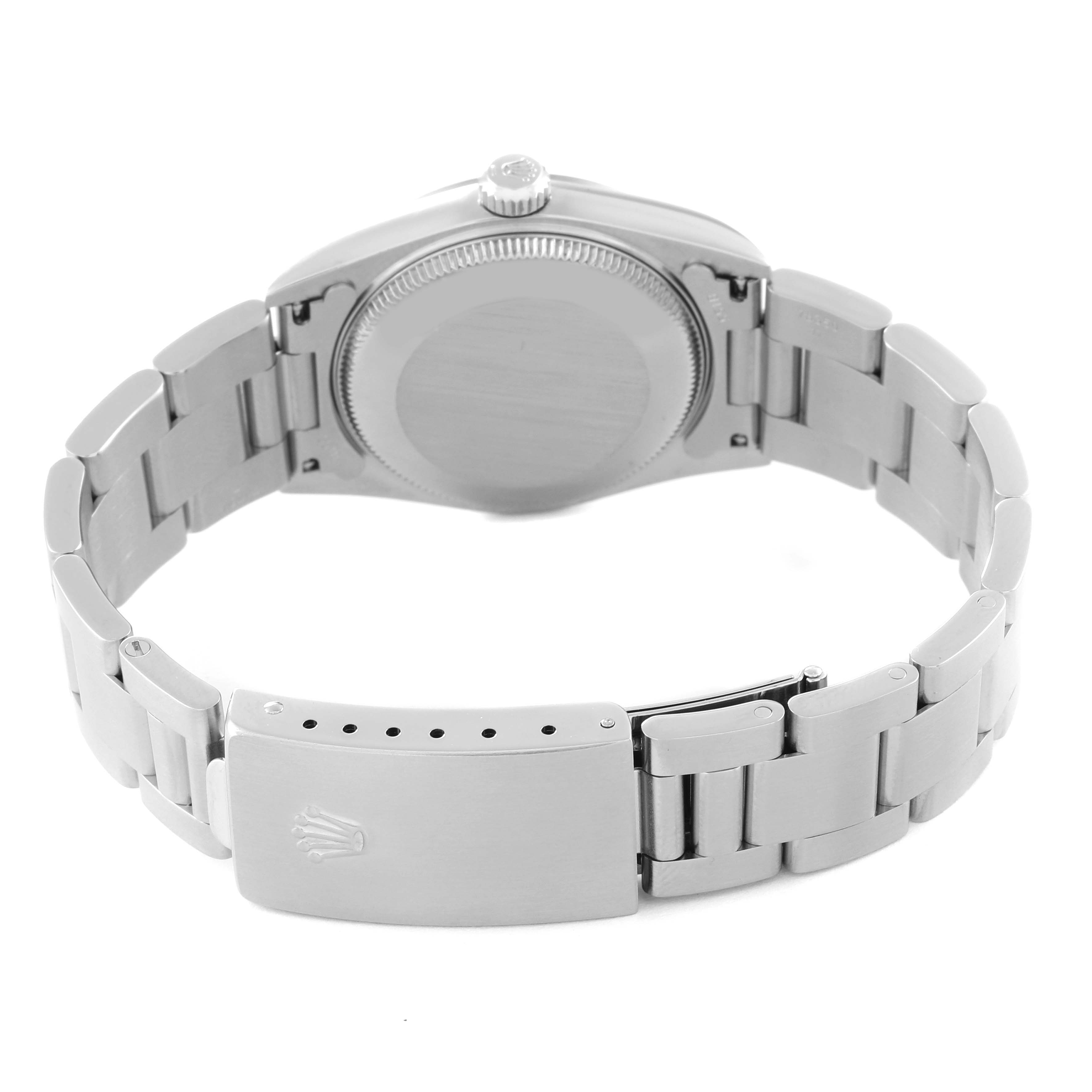 The image shows the backside and bracelet clasp of a Rolex Mid-Size 77080 Women's Stainless Steel Pink Dial 77080 Women's Stainless Steel Pink Dial watch.