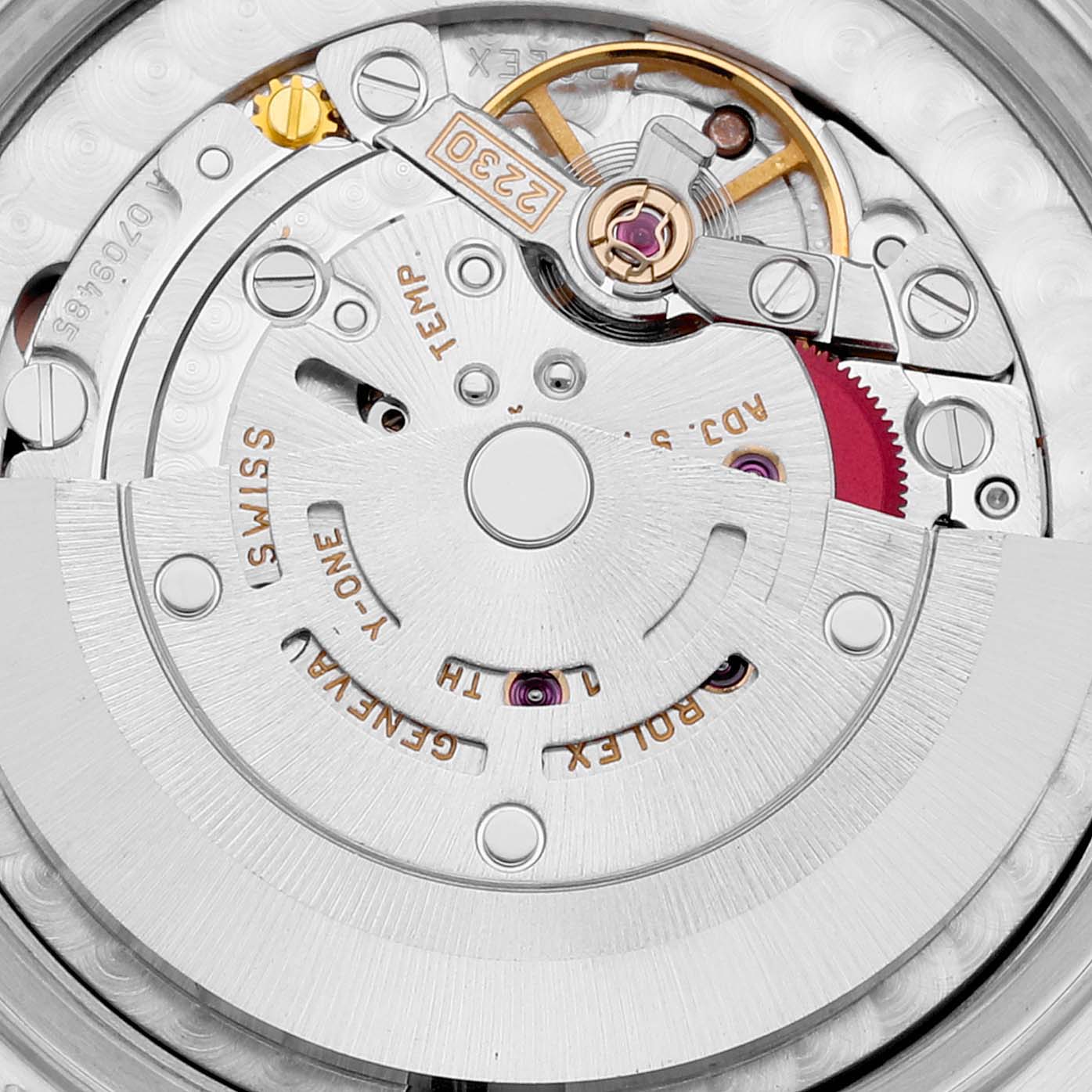 The image shows a close-up view of the movement and internal mechanism of a Rolex Mid-Size 77080 Women's Stainless Steel Pink Dial 77080 Women's Stainless Steel Pink Dial model watch.