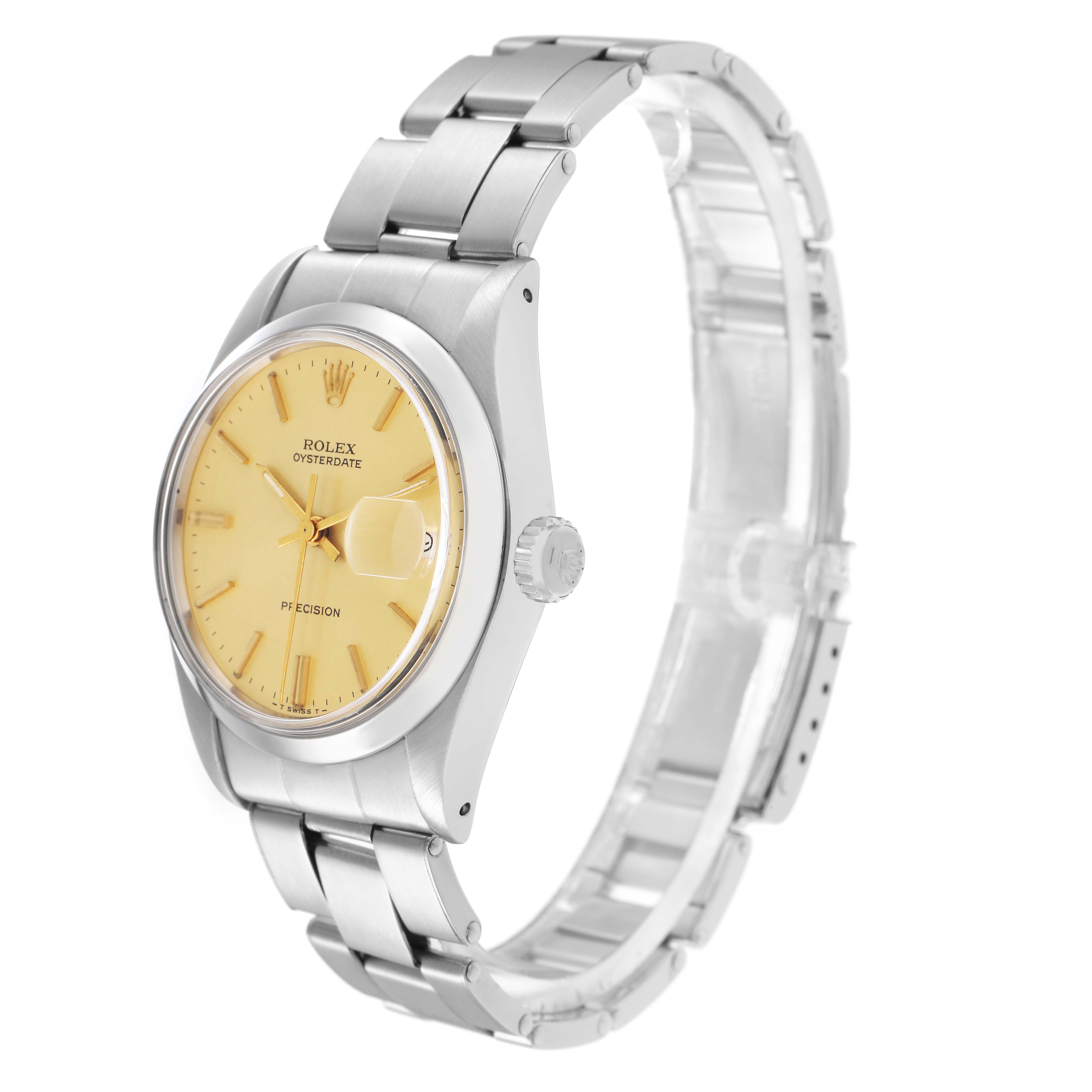 The Rolex Oysterdate Precision, model number 6694, is shown from a front-side angle highlighting the dial, bezel, crown, and stainless steel bracelet.