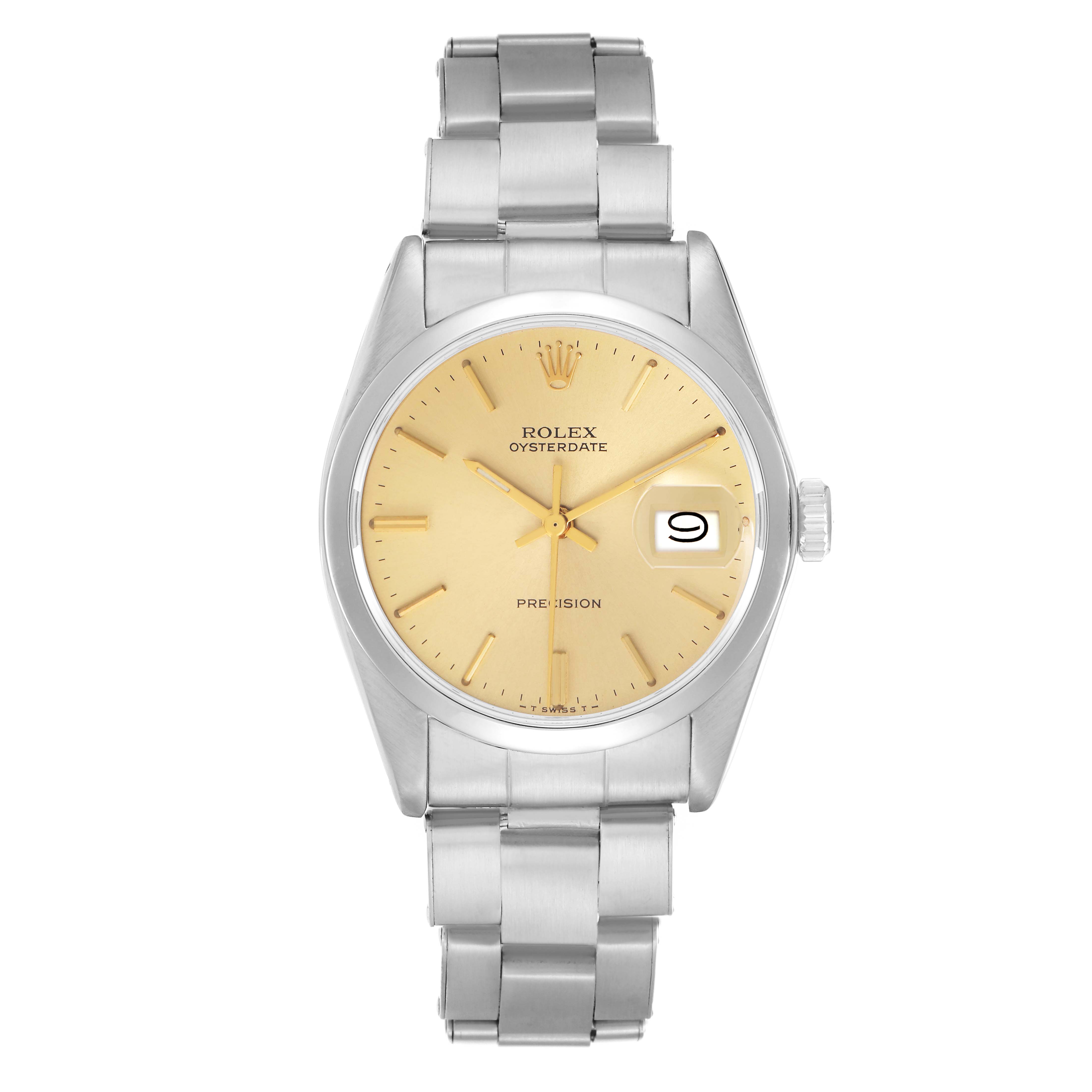 The Rolex Date model 6694 men
s watch is shown from a front angle, displaying the face, crown, and bracelet.