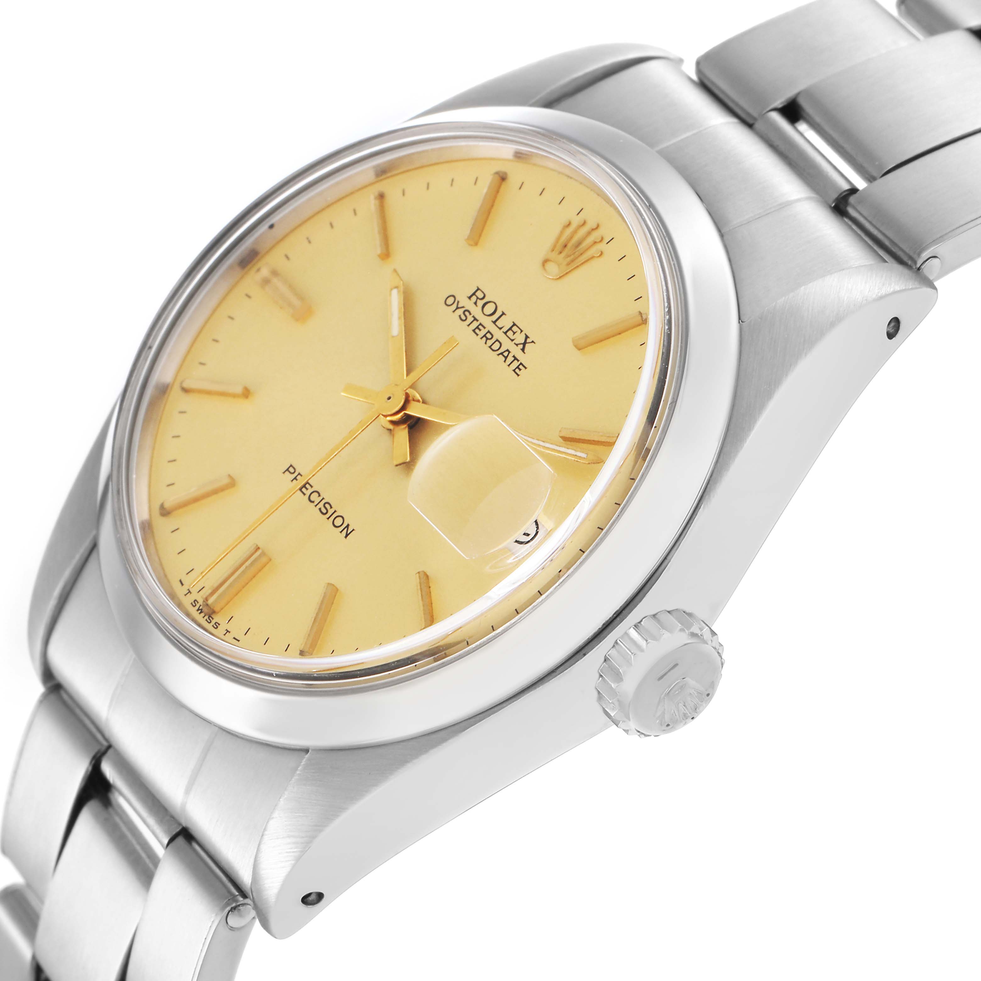 The Rolex Date model 6694 men
s watch is shown at a slight angle, highlighting the yellow dial, crown, and part of the stainless steel bracelet.