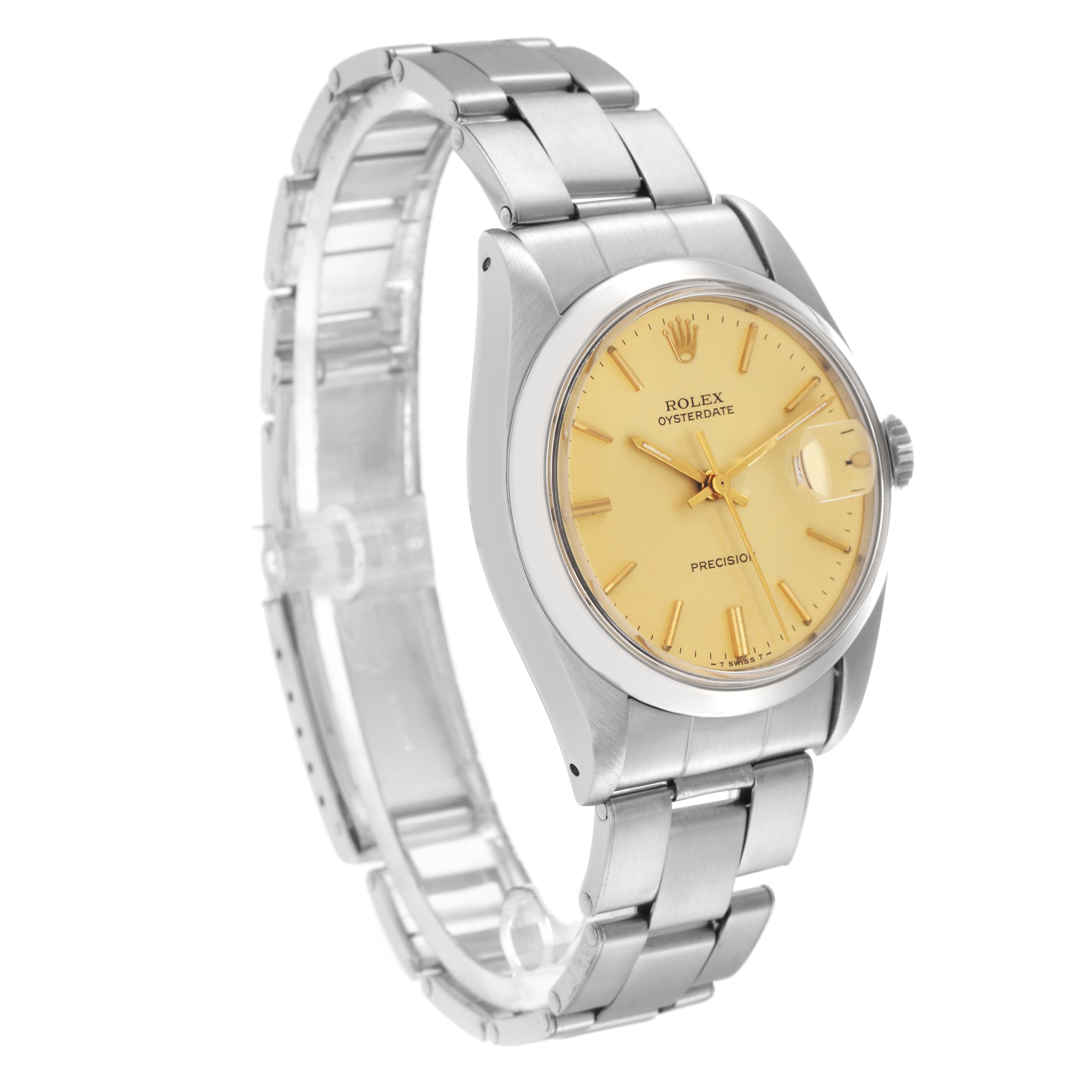 The Rolex Date model 6694 is shown from a three-quarter angle, displaying the watch face, crown, bracelet, and case prominently.