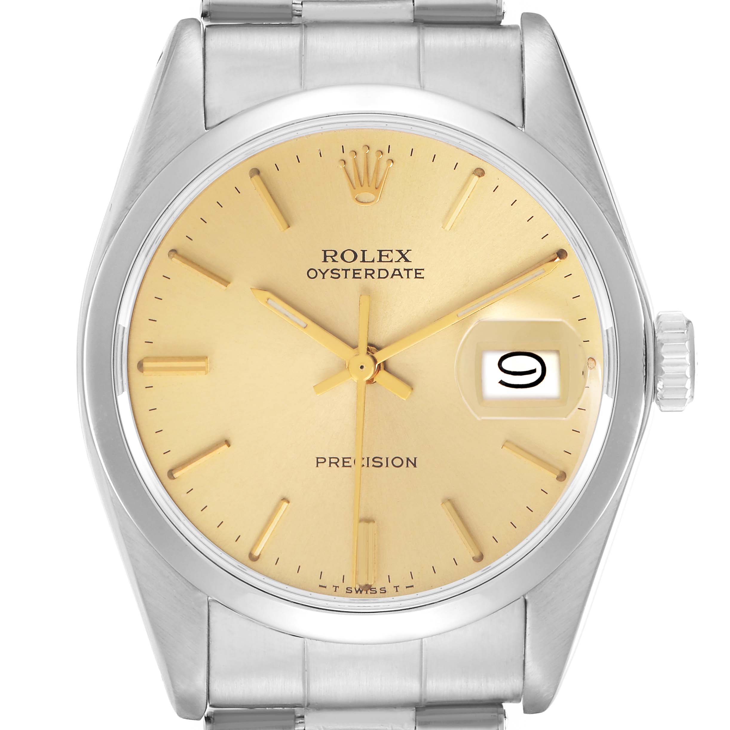 The Rolex Date model 6694 is shown from a front angle, highlighting its gold dial, date window, and stainless steel bracelet.