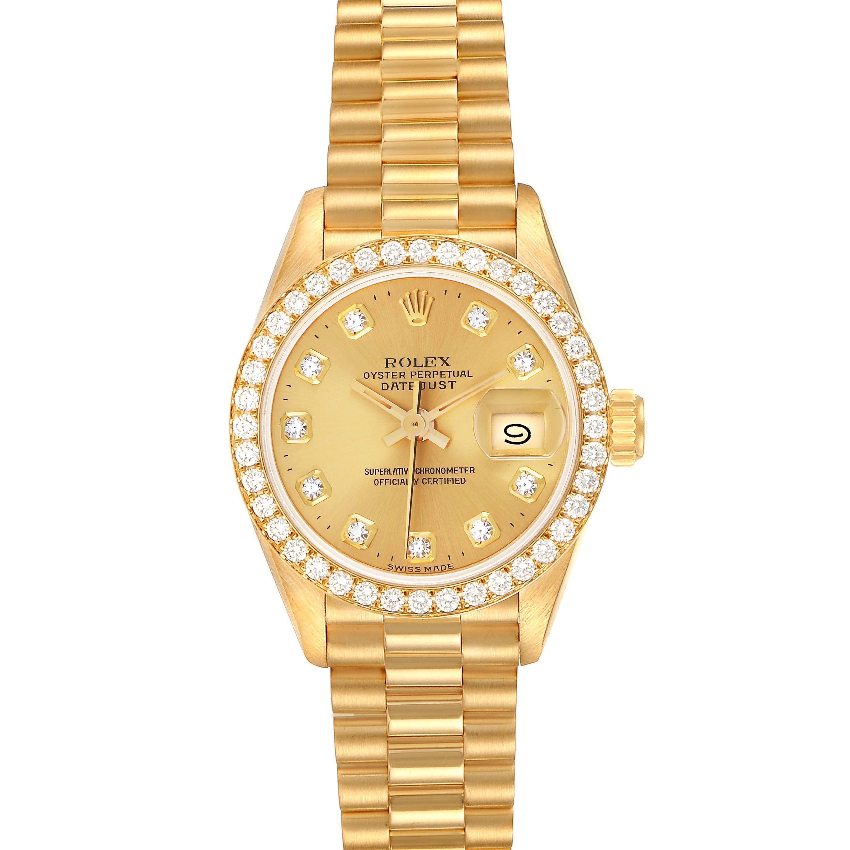 The image shows a Rolex President 69138 Women
s Yellow Gold Champagne Dial 69138 Women
s Yellow Gold Champagne Dial model watch from the front, displaying the dial, bezel, bracelet, and crown.