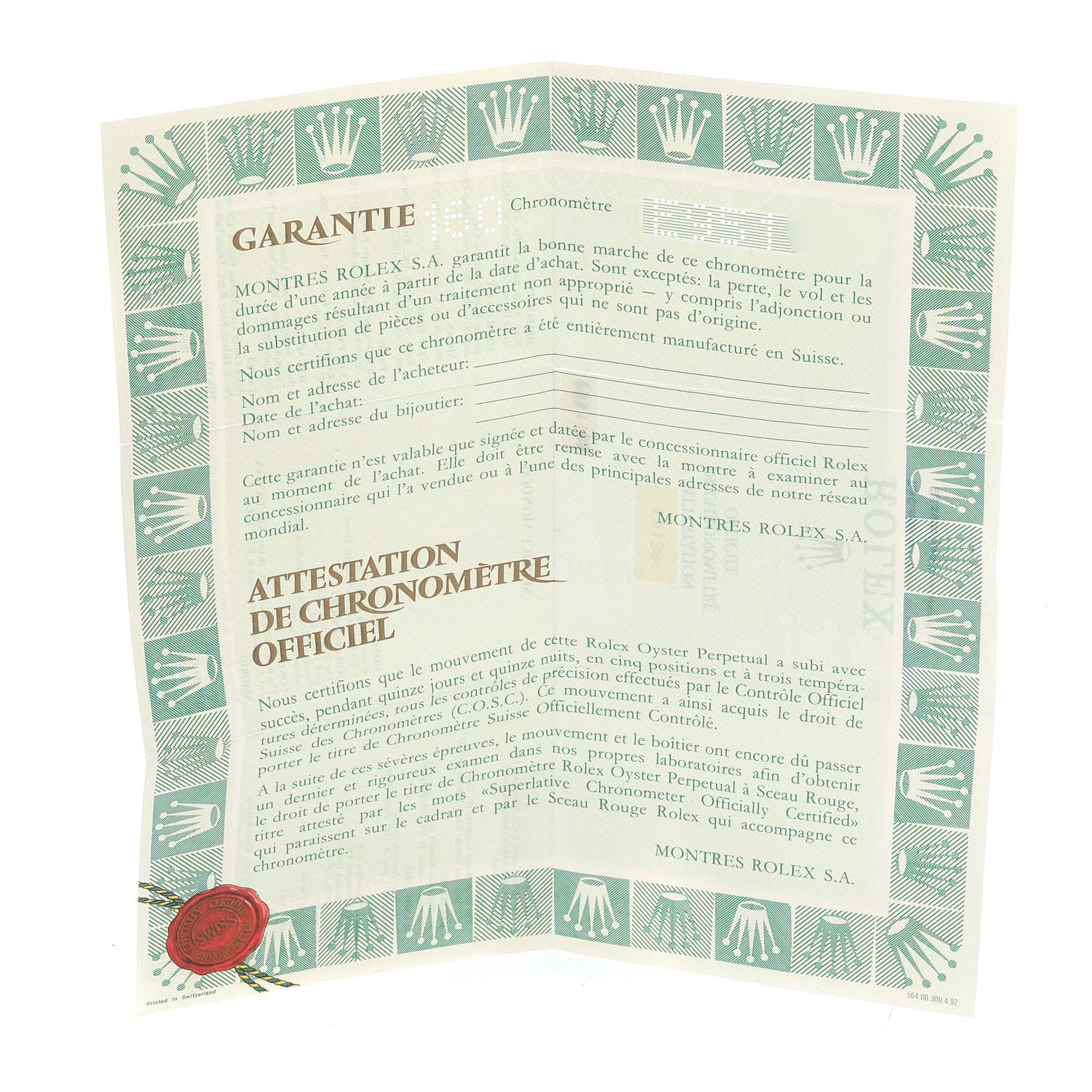 The image shows a warranty and certificate of chronometer from Rolex for the President model watch, viewed flat and front-facing.