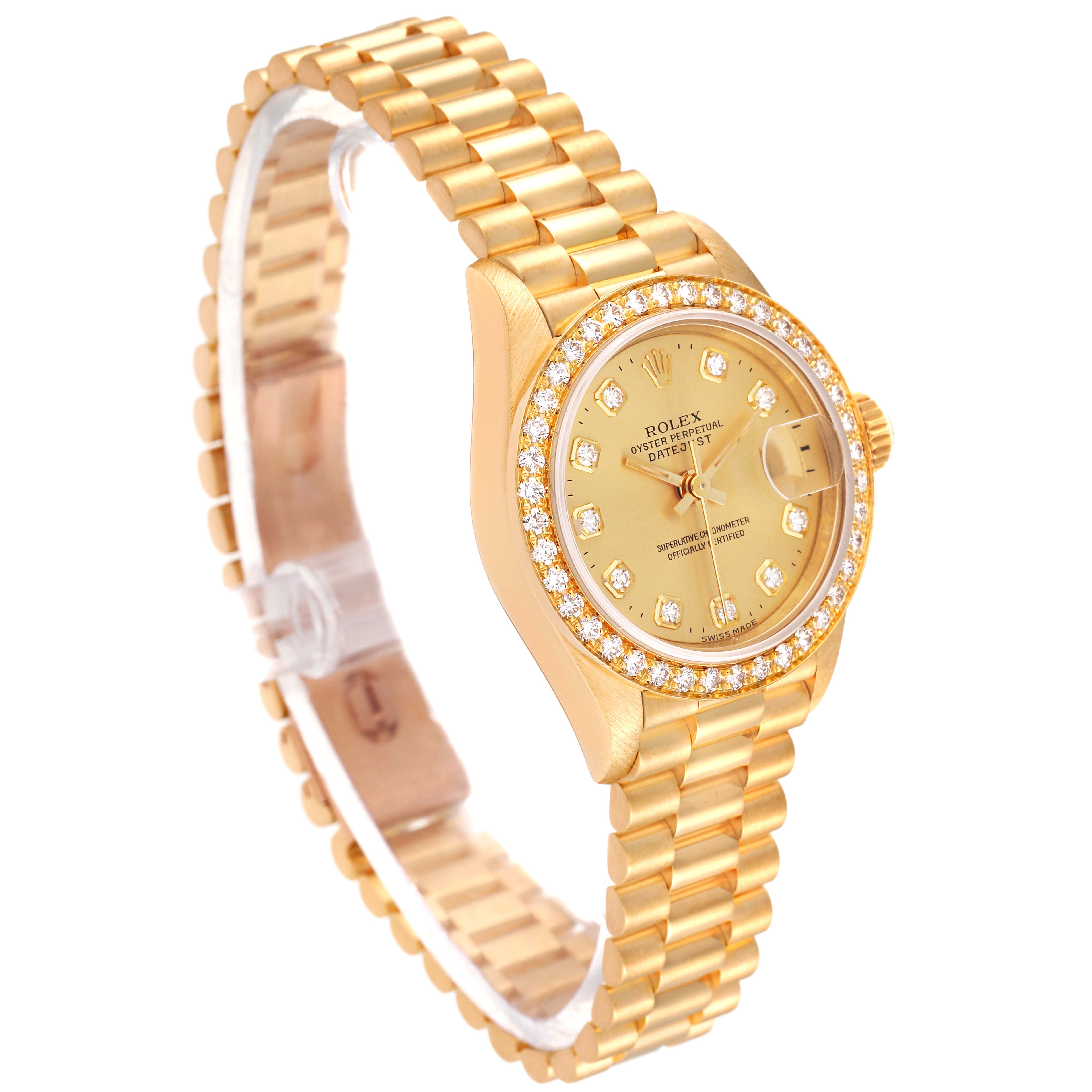 The image shows a Rolex President 69138 Women
s Yellow Gold Champagne Dial 69138 Women
s Yellow Gold Champagne Dial model watch angled to display the face, bezel, bracelet, and clasp.