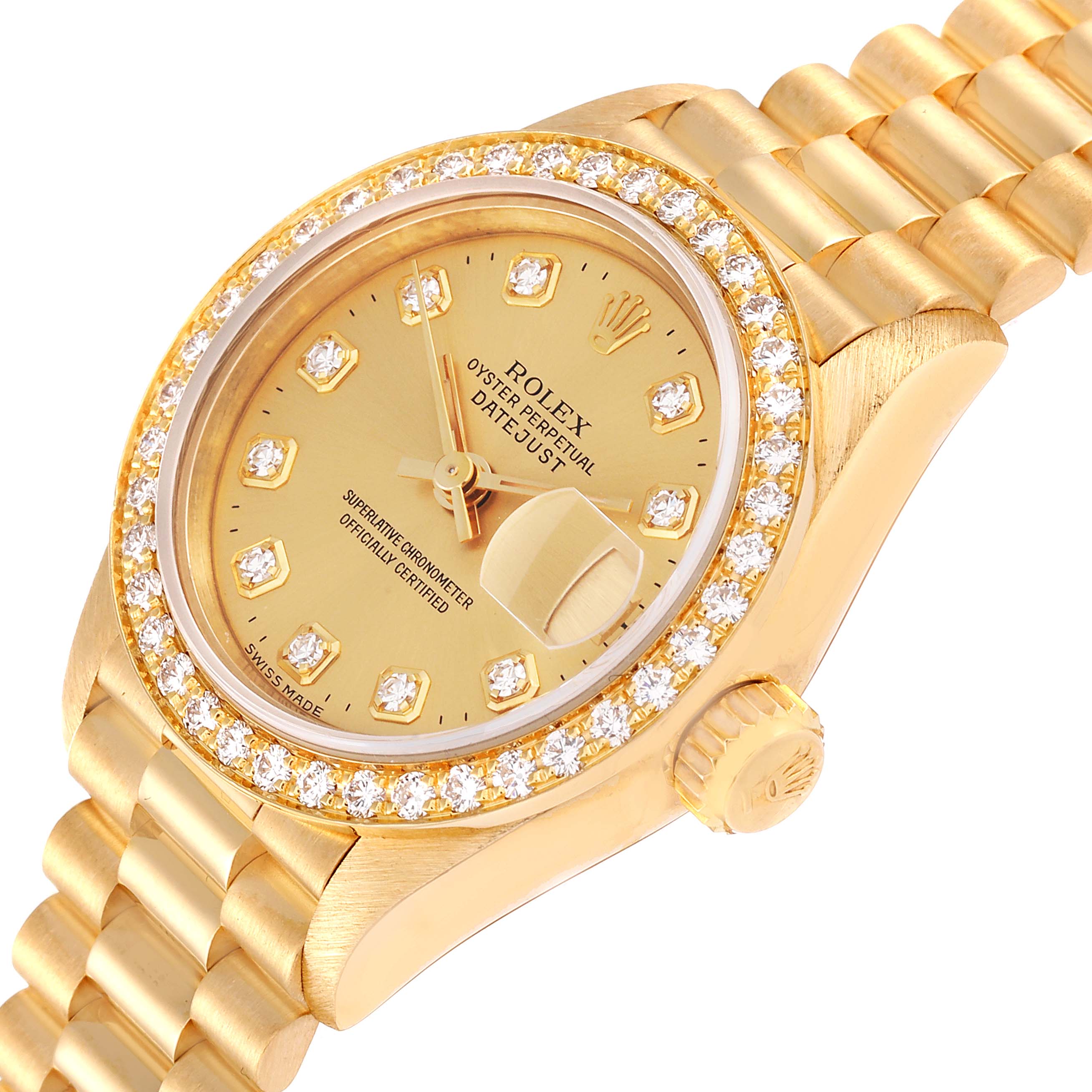 This image shows a Rolex President 69138 Women
s Yellow Gold Champagne Dial 69138 Women
s Yellow Gold Champagne Dial model watch from a slight top-left angle, highlighting the diamond bezel, dial, and bracelet.