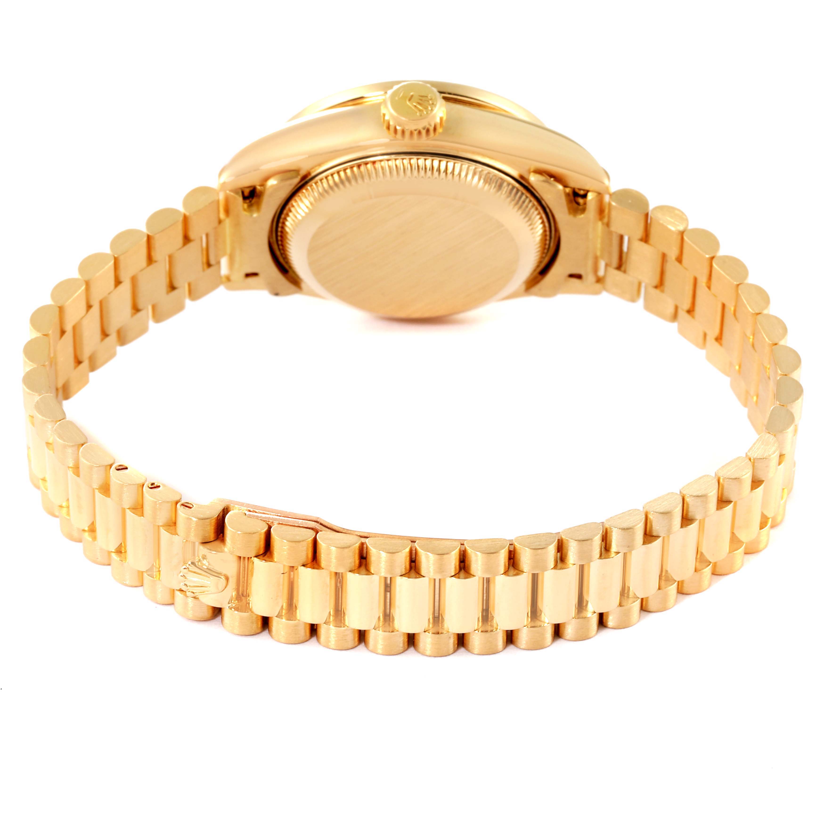The image shows the back case and bracelet of a Rolex President 69138 Women
s Yellow Gold Champagne Dial 69138 Women
s Yellow Gold Champagne Dial model watch from a straight-on rear angle.