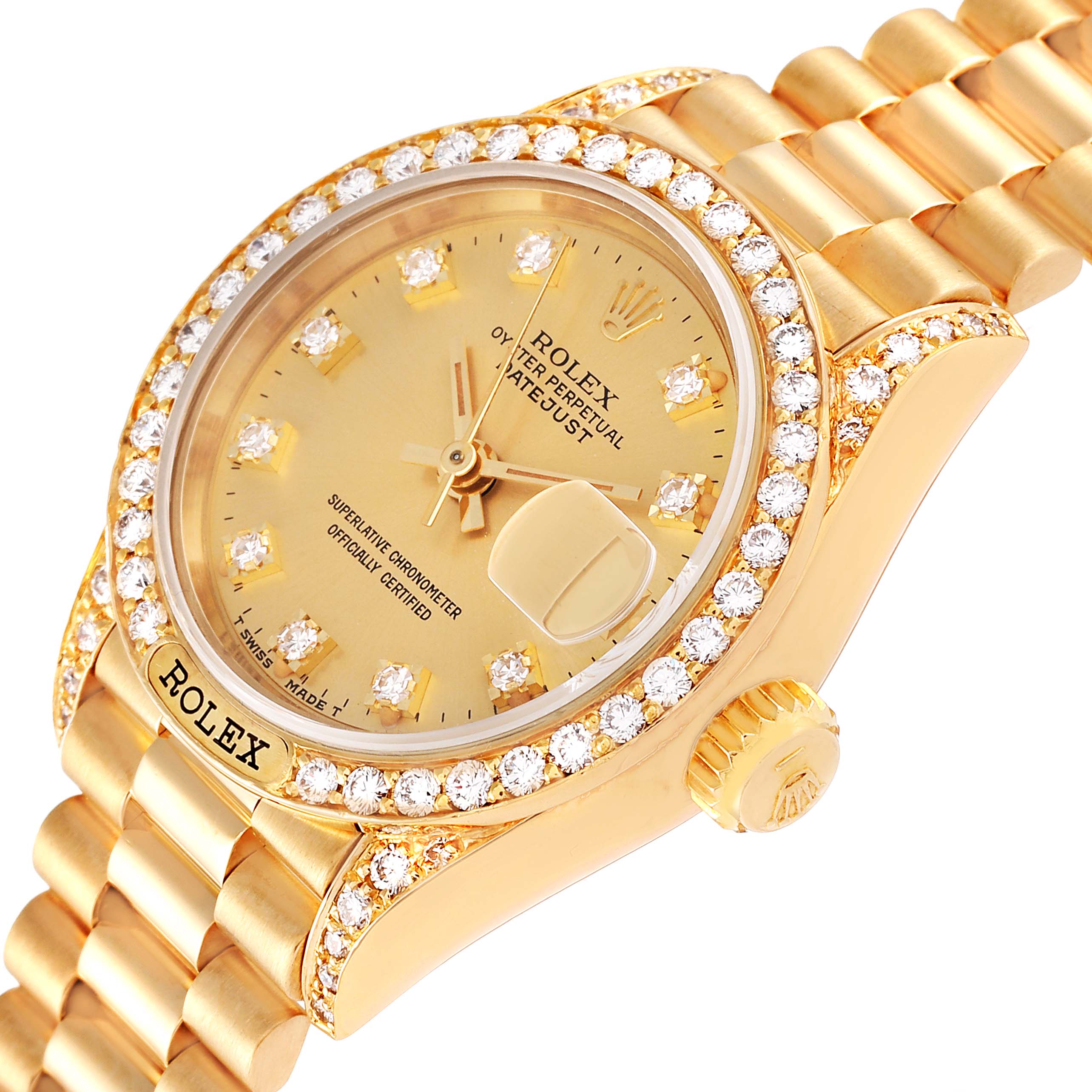 The image shows a side angle of a Rolex President 69158 Women
s Yellow Gold Champagne Dial 69158 Women
s Yellow Gold Champagne Dial model watch, highlighting its diamond-encrusted bezel and gold bracelet.