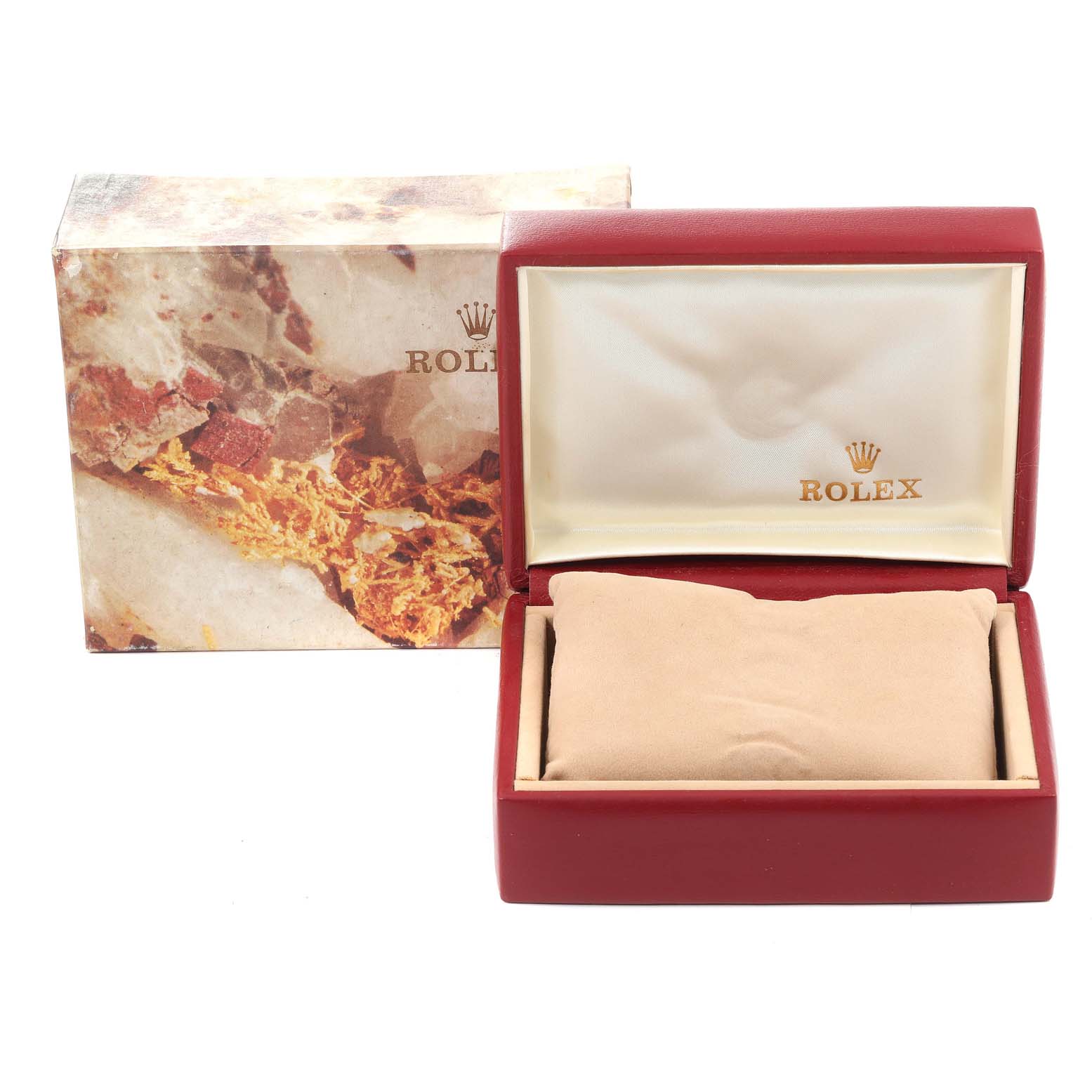 The image shows a Rolex President 69158 Women
s Yellow Gold Champagne Dial 69158 Women
s Yellow Gold Champagne Dial model watch box, with an open red case and a decorative outer box.