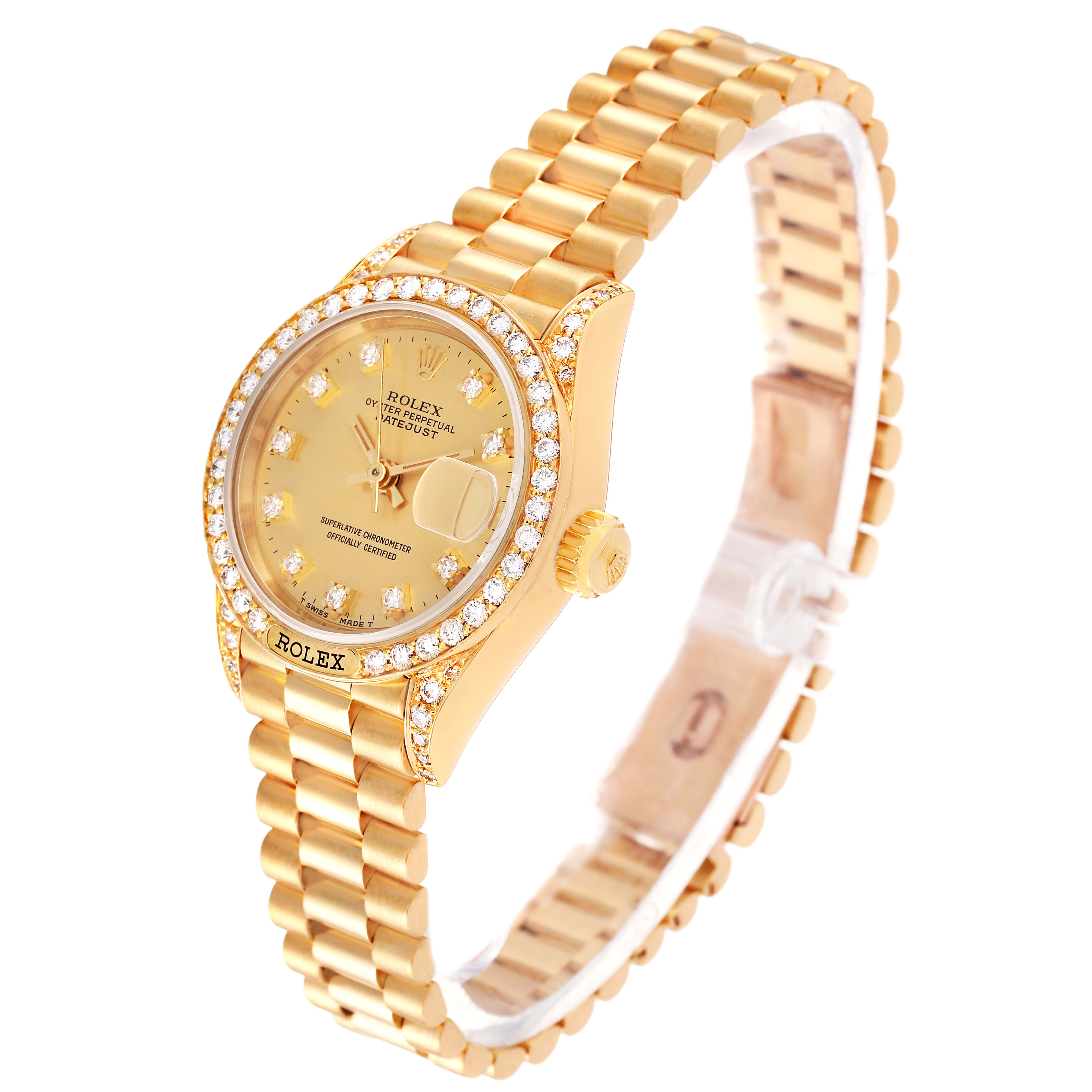 This image shows a Rolex President 69158 Women
s Yellow Gold Champagne Dial 69158 Women
s Yellow Gold Champagne Dial model watch from an angled side view, highlighting the watch face, crown, and bracelet.