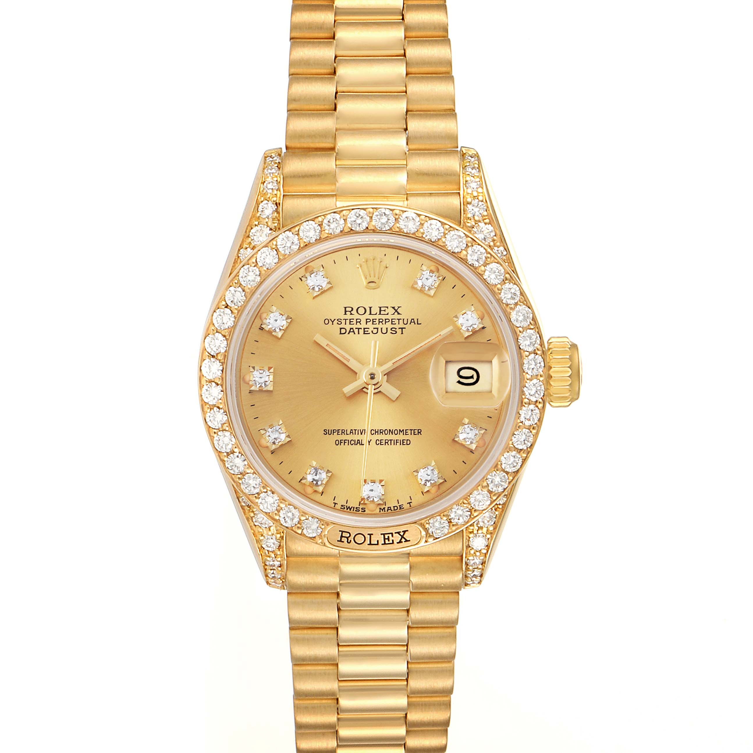 The Rolex President 69158 Women
s Yellow Gold Champagne Dial 69158 Women
s Yellow Gold Champagne Dial model is shown from the front, displaying its gold case, diamond bezel, and bracelet.