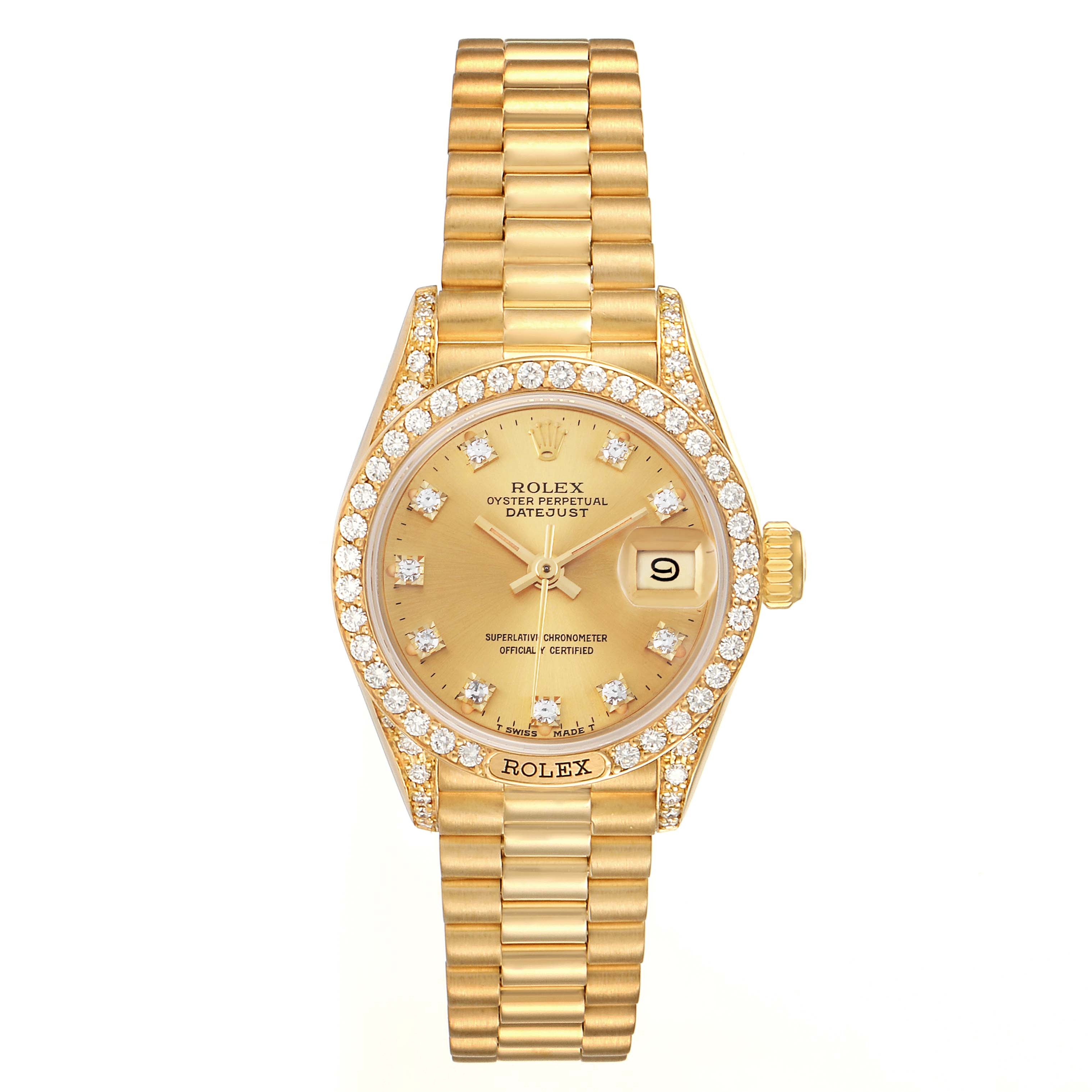 The image shows a Rolex President 69158 Women
s Yellow Gold Champagne Dial 69158 Women
s Yellow Gold Champagne Dial model watch from the front, displaying the dial, bezel with diamonds, and the bracelet.