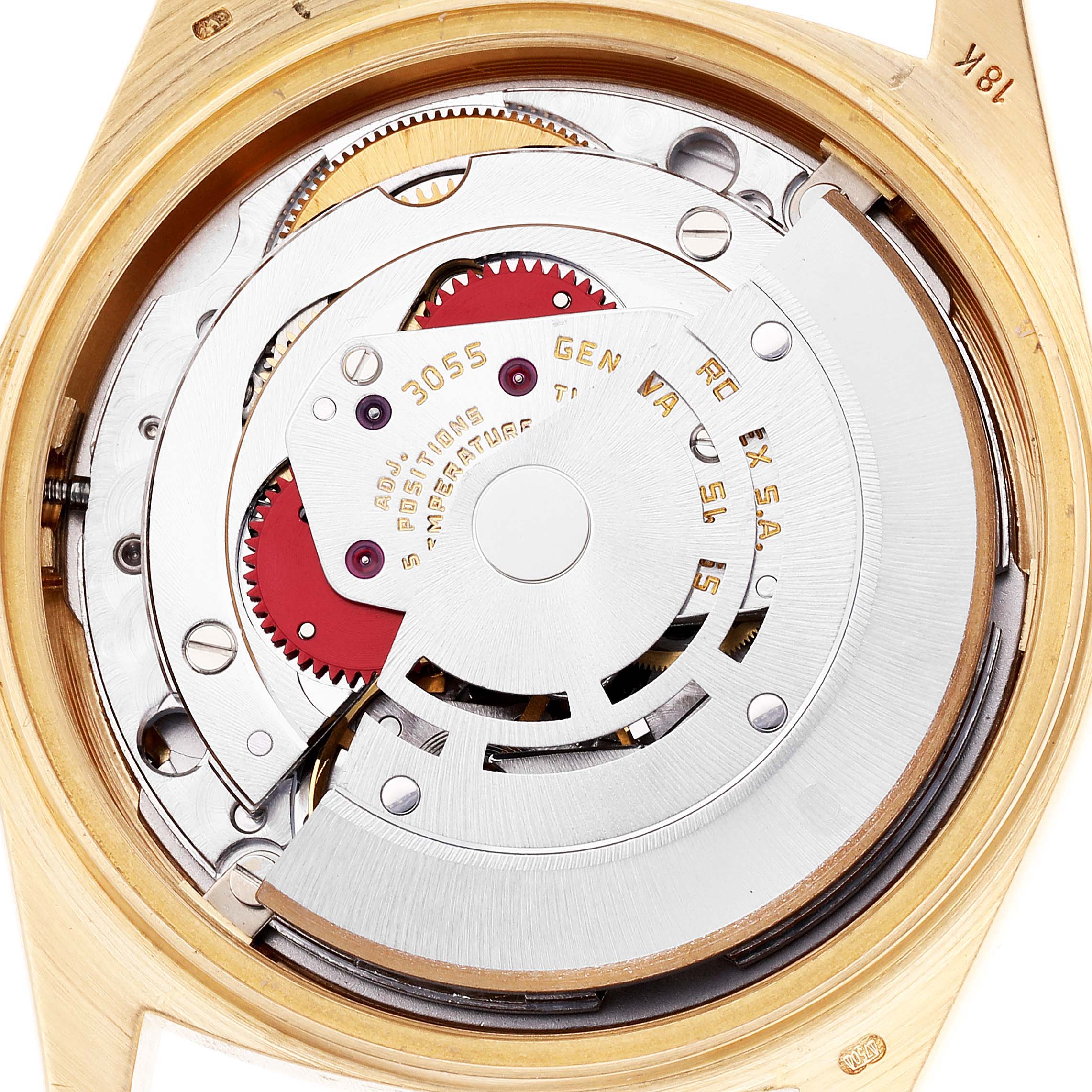 This image shows a close-up view of the movement and inner mechanical components of the Rolex President 18038 Men
s Yellow Gold Champagne Dial 18038 Men
s Yellow Gold Champagne Dial model watch.