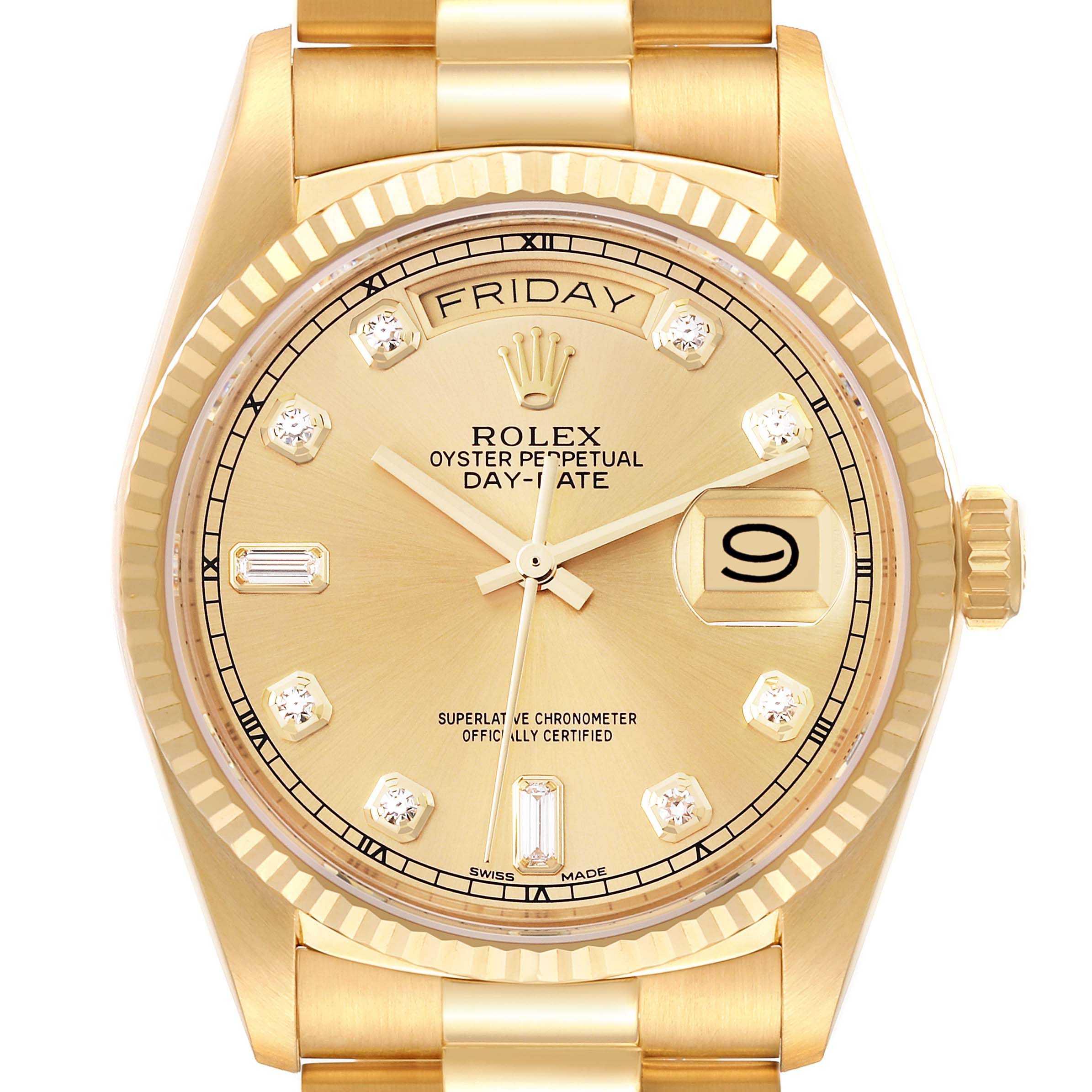 The image shows a Rolex President 18038 Men
s Yellow Gold Champagne Dial 18038 Men
s Yellow Gold Champagne Dial model watch from a front angle, displaying its gold dial, diamond hour markers, day, and date windows.