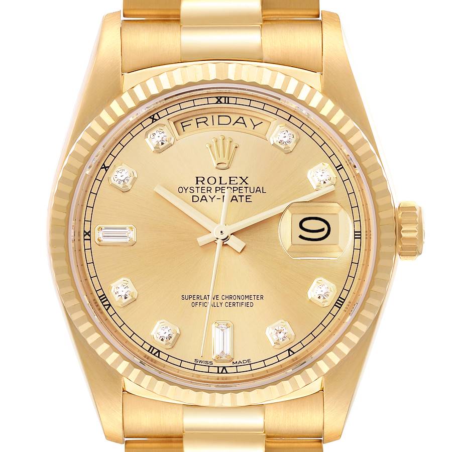 Rolex President Day-Date 18k Yellow Gold Diamond Watch 18038 Box Service Card SwissWatchExpo