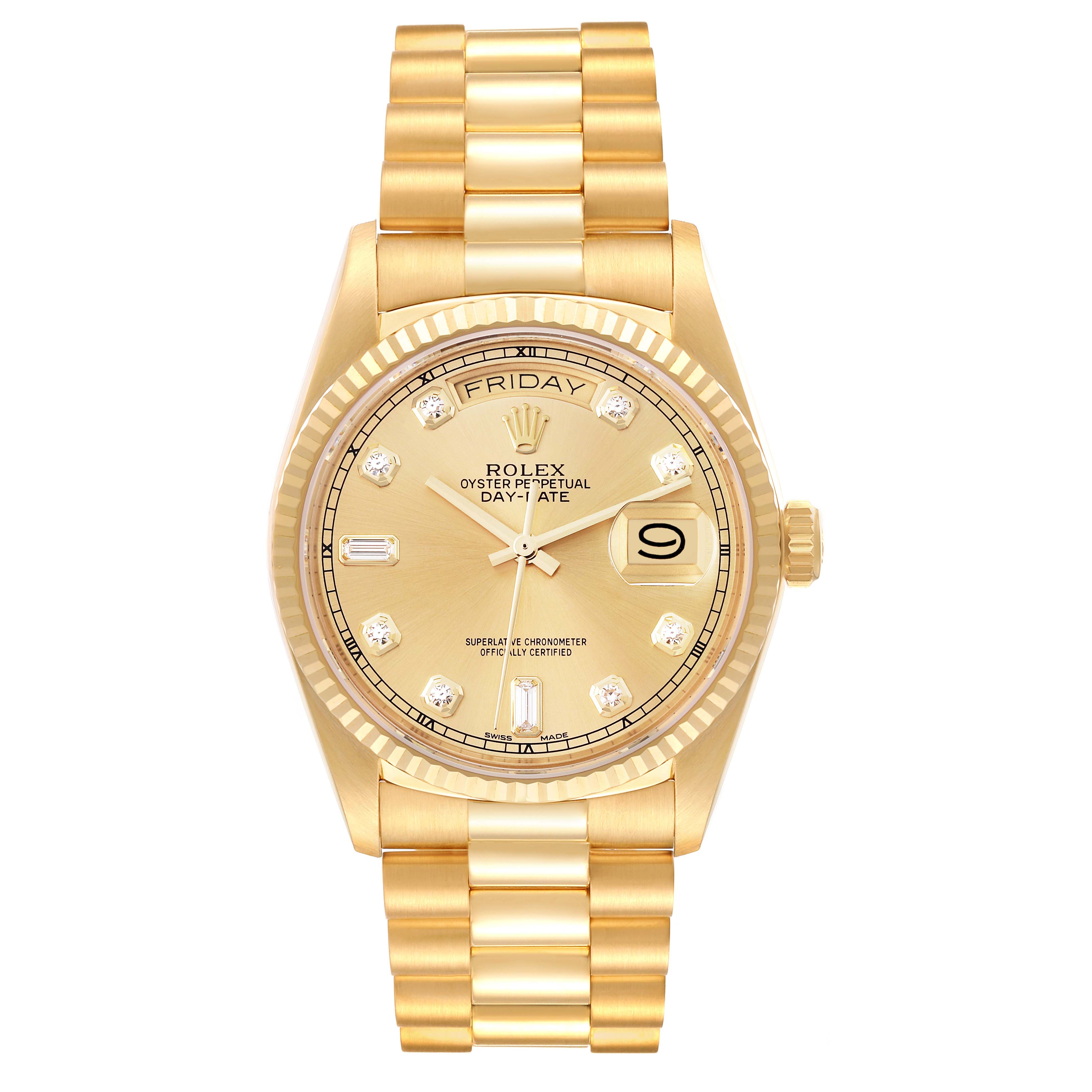 This image shows a frontal view of a Rolex President 18038 Men
s Yellow Gold Champagne Dial 18038 Men
s Yellow Gold Champagne Dial model watch, highlighting its face, bezel, and bracelet.