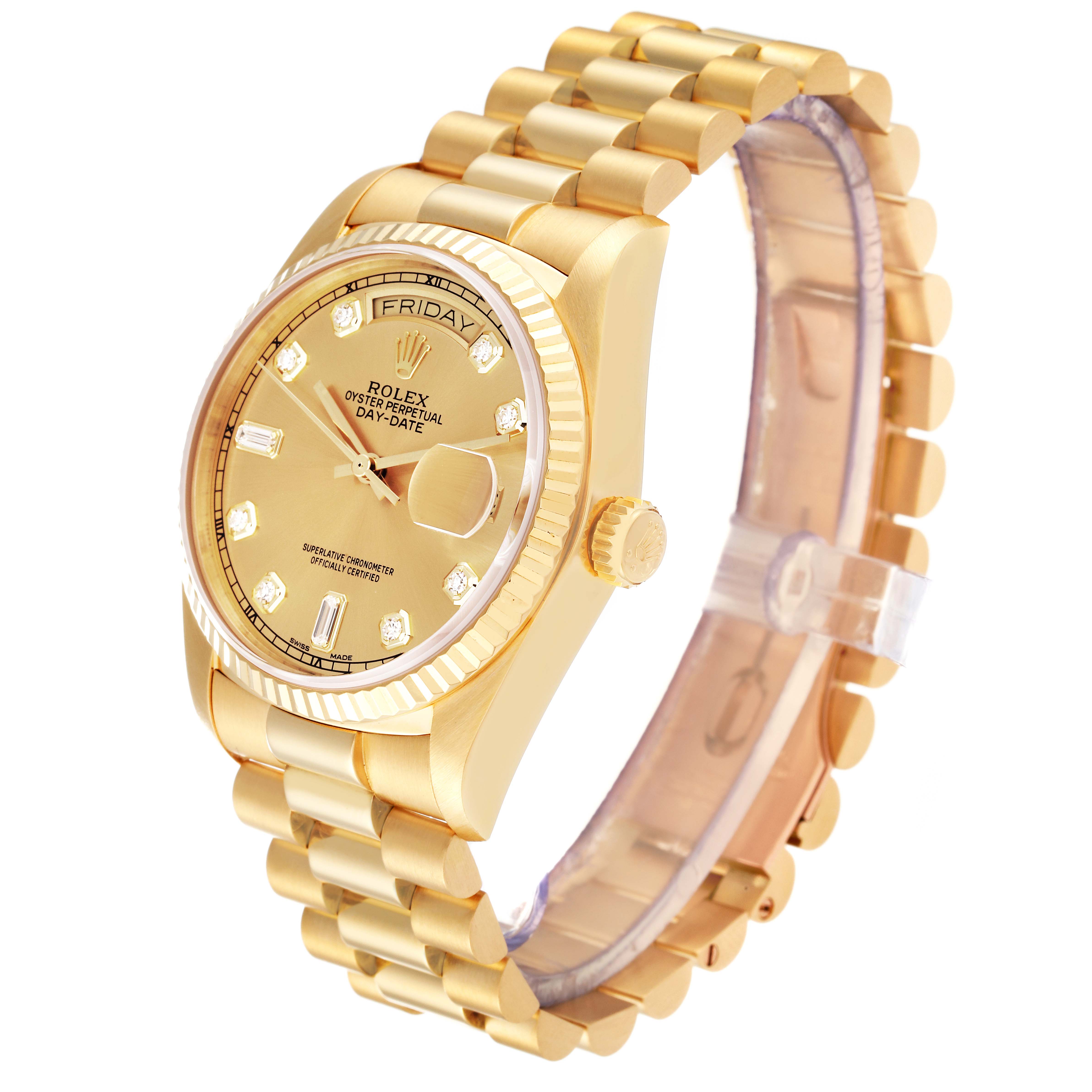 This image shows a Rolex President 18038 Men
s Yellow Gold Champagne Dial 18038 Men
s Yellow Gold Champagne Dial model watch in a side angle, displaying the dial, bracelet, and crown.
