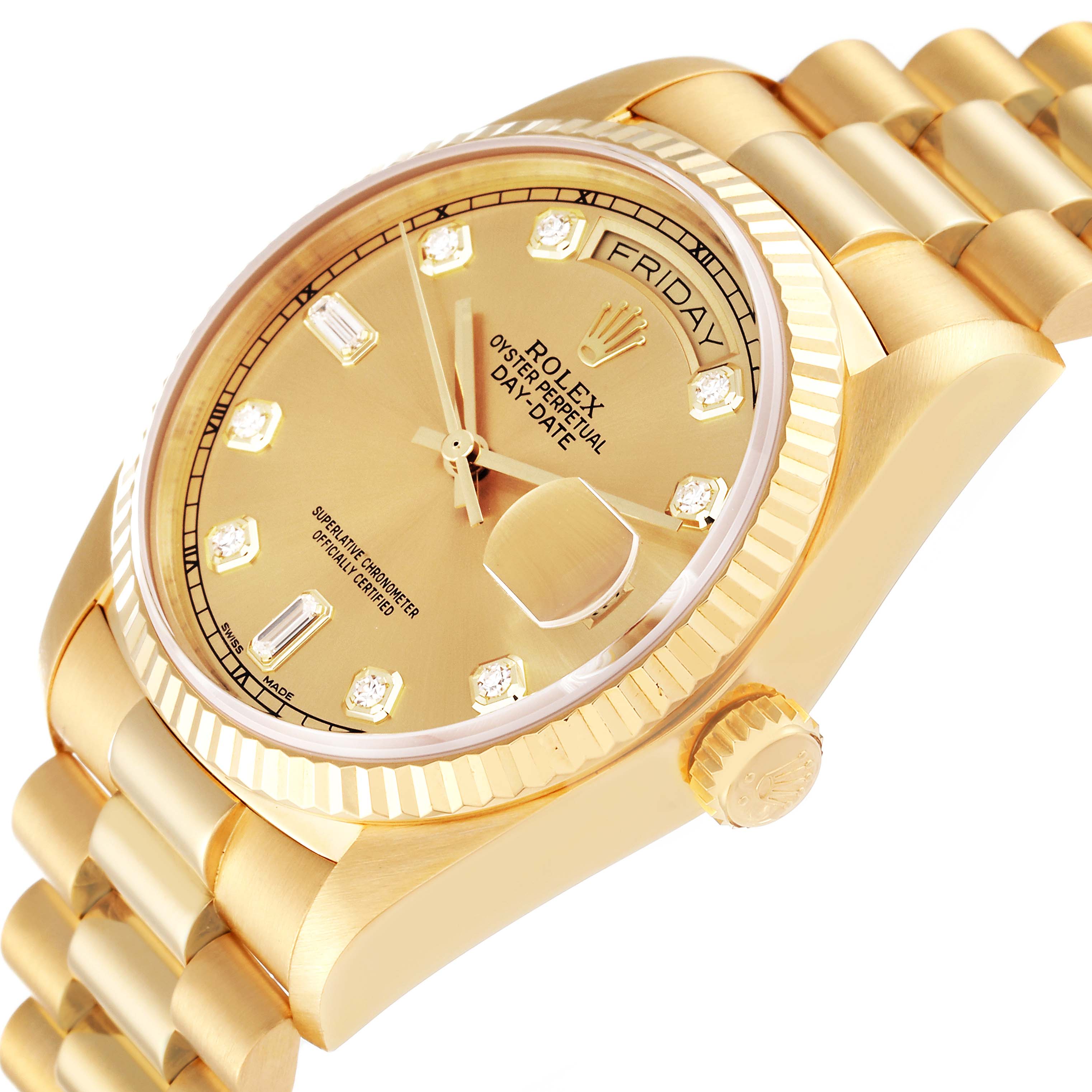 This image shows a close-up angled view of the face, crown, and bracelet of a Rolex President 18038 Men
s Yellow Gold Champagne Dial 18038 Men
s Yellow Gold Champagne Dial model watch.