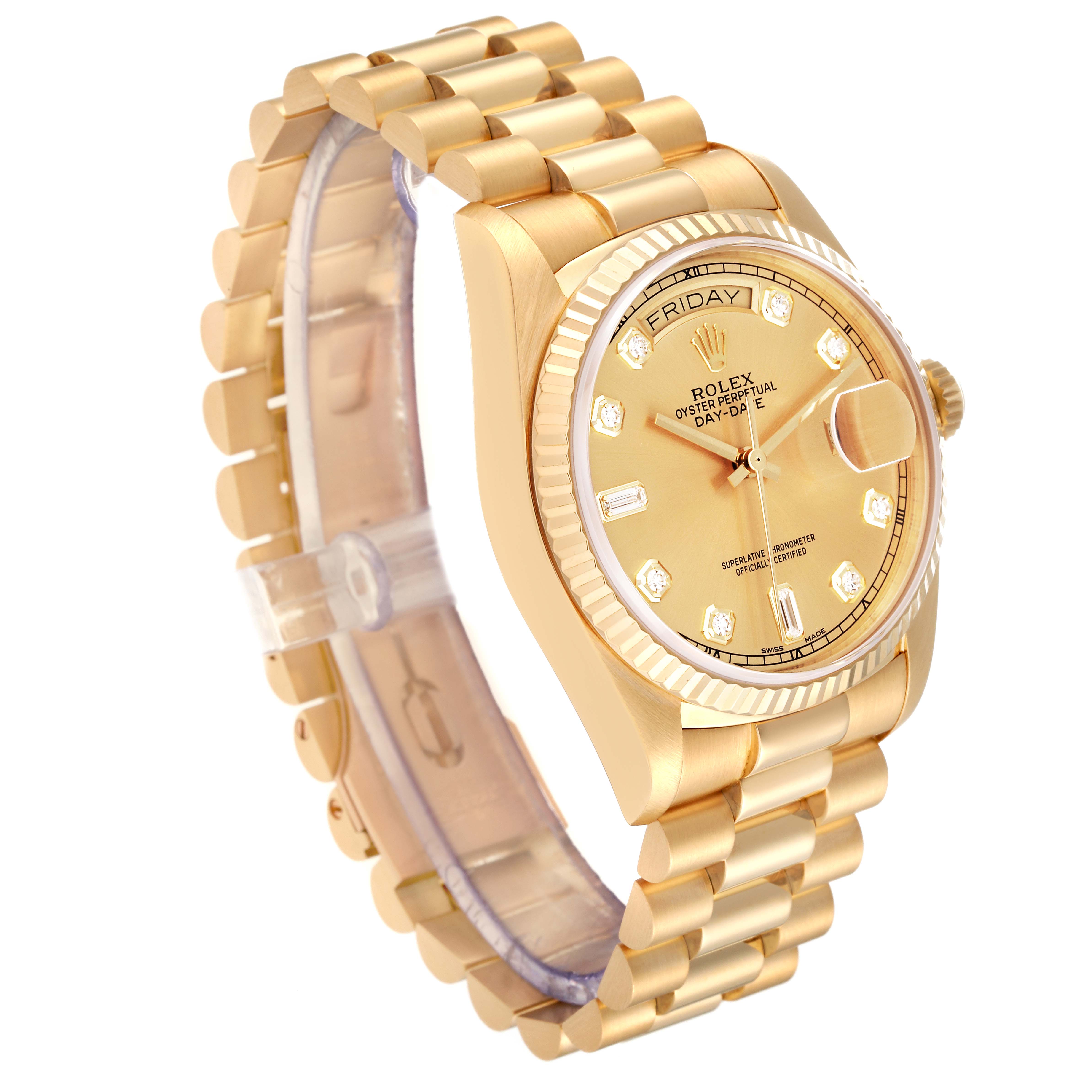 The image shows a side angle of a Rolex President 18038 Men
s Yellow Gold Champagne Dial 18038 Men
s Yellow Gold Champagne Dial model watch, highlighting its gold case, bracelet, and diamond hour markers.