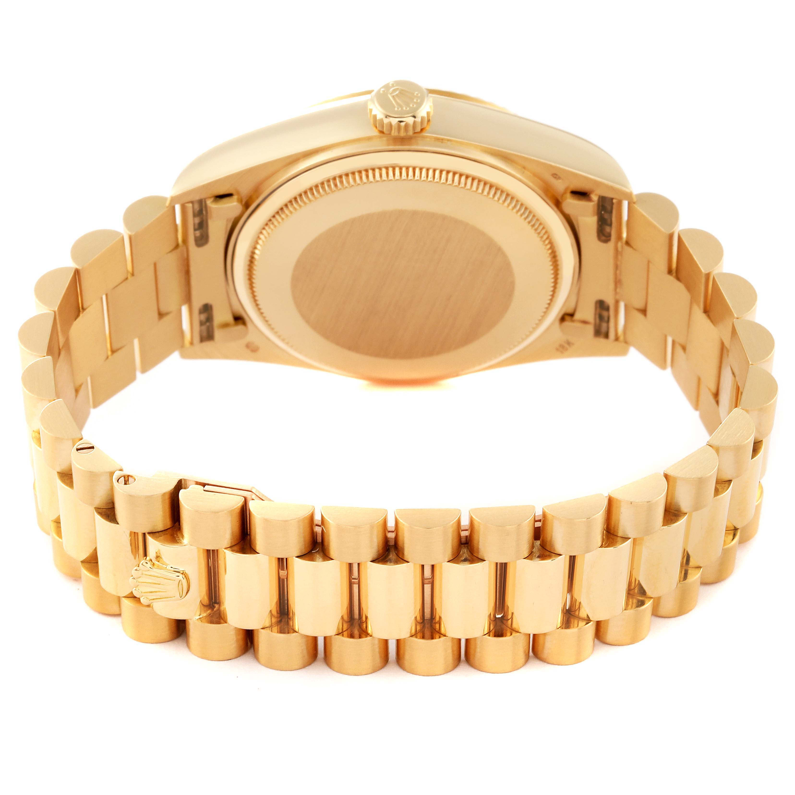 This image shows the back of a Rolex President 18038 Men
s Yellow Gold Champagne Dial 18038 Men
s Yellow Gold Champagne Dial model watch, highlighting its case, crown, and bracelet.