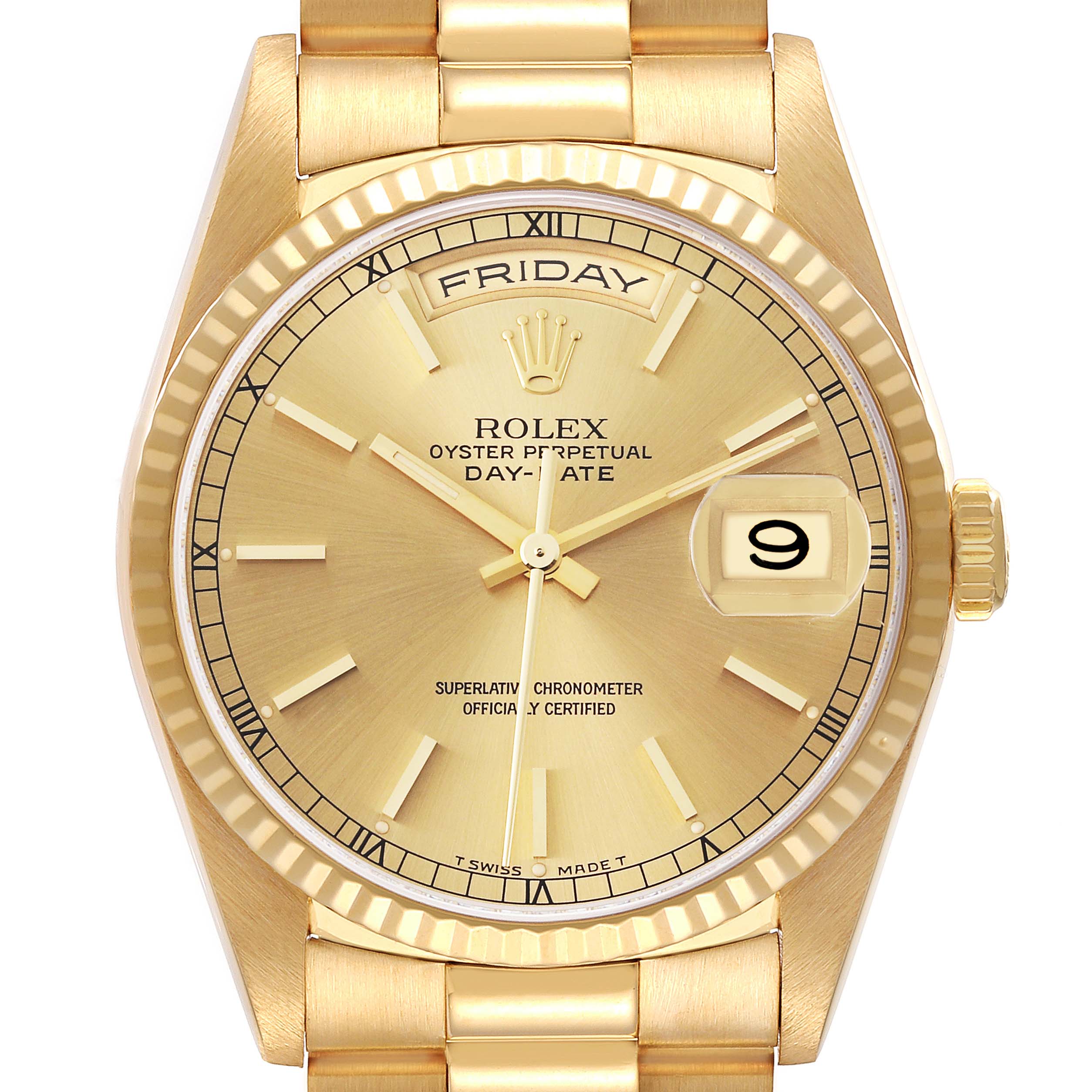The image shows a front view of a Rolex President 18238 Men's Yellow Gold Champagne Dial 18238 Men's Yellow Gold Champagne Dial model watch, displaying the dial, hands, crown, and part of the bracelet.