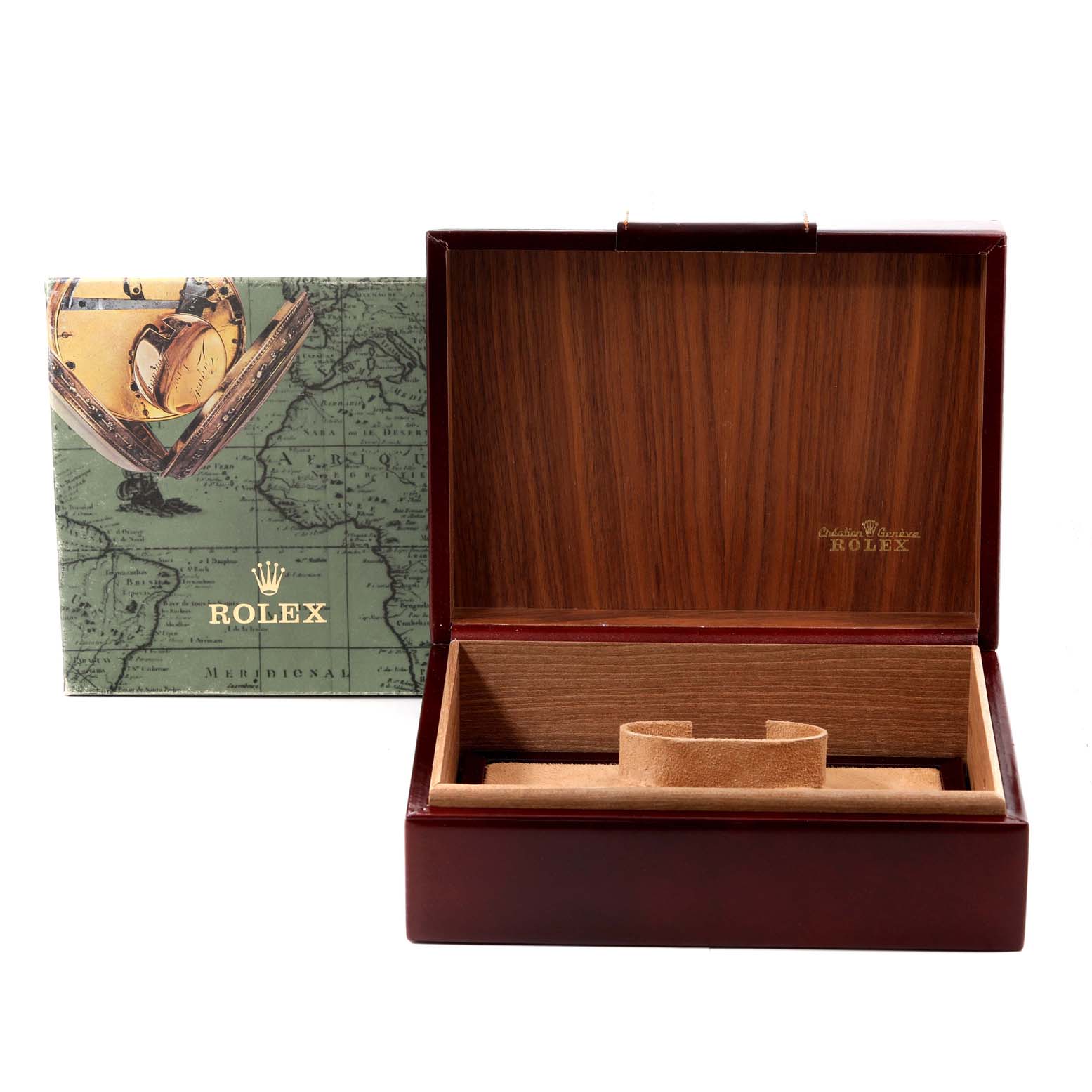 This image shows an open wooden box and packaging for a Rolex President 18238 Men's Yellow Gold Champagne Dial 18238 Men's Yellow Gold Champagne Dial model watch, with the Rolex logo visible.