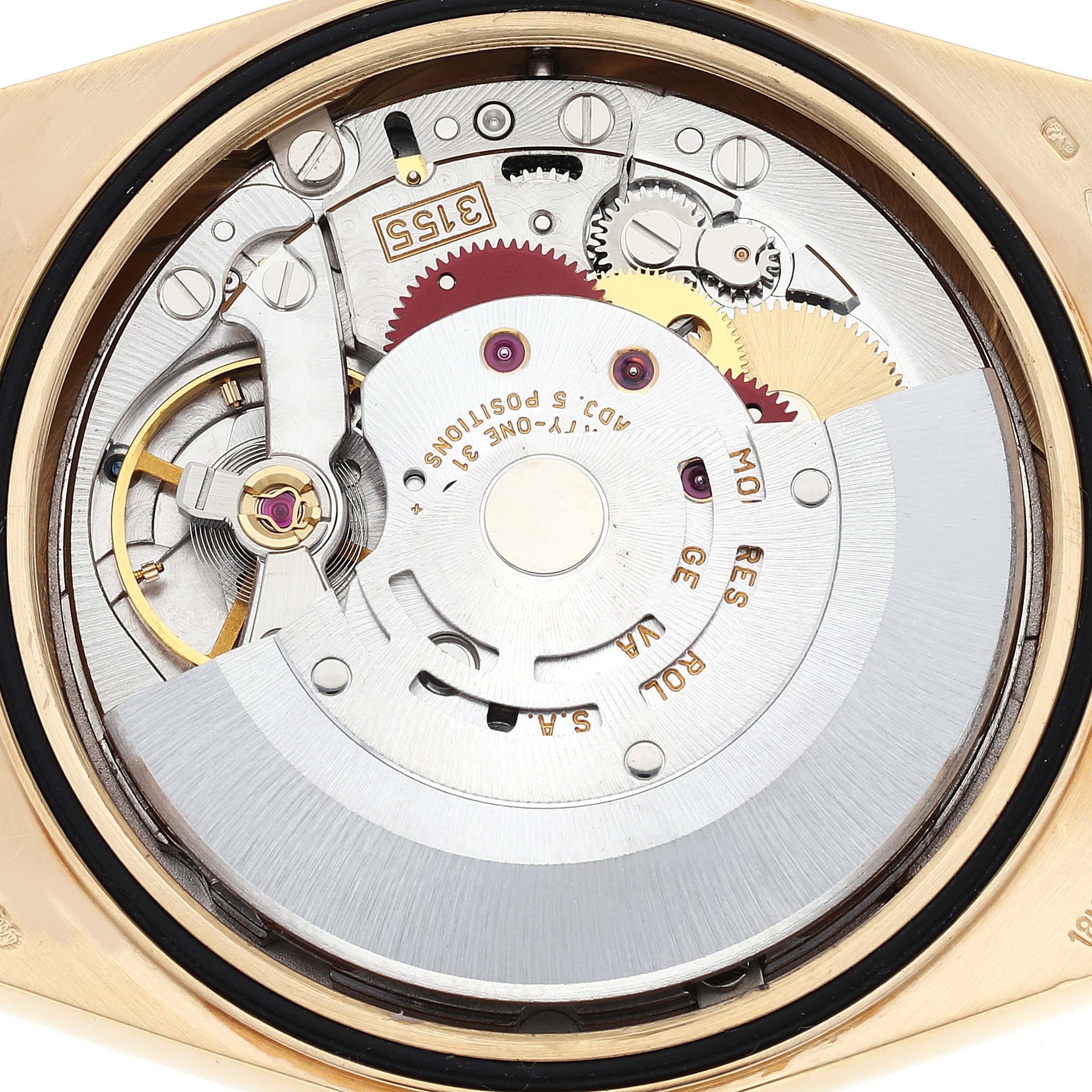 This image shows a close-up of the internal mechanical movement of a Rolex President 18238 Men's Yellow Gold Champagne Dial 18238 Men's Yellow Gold Champagne Dial model watch.