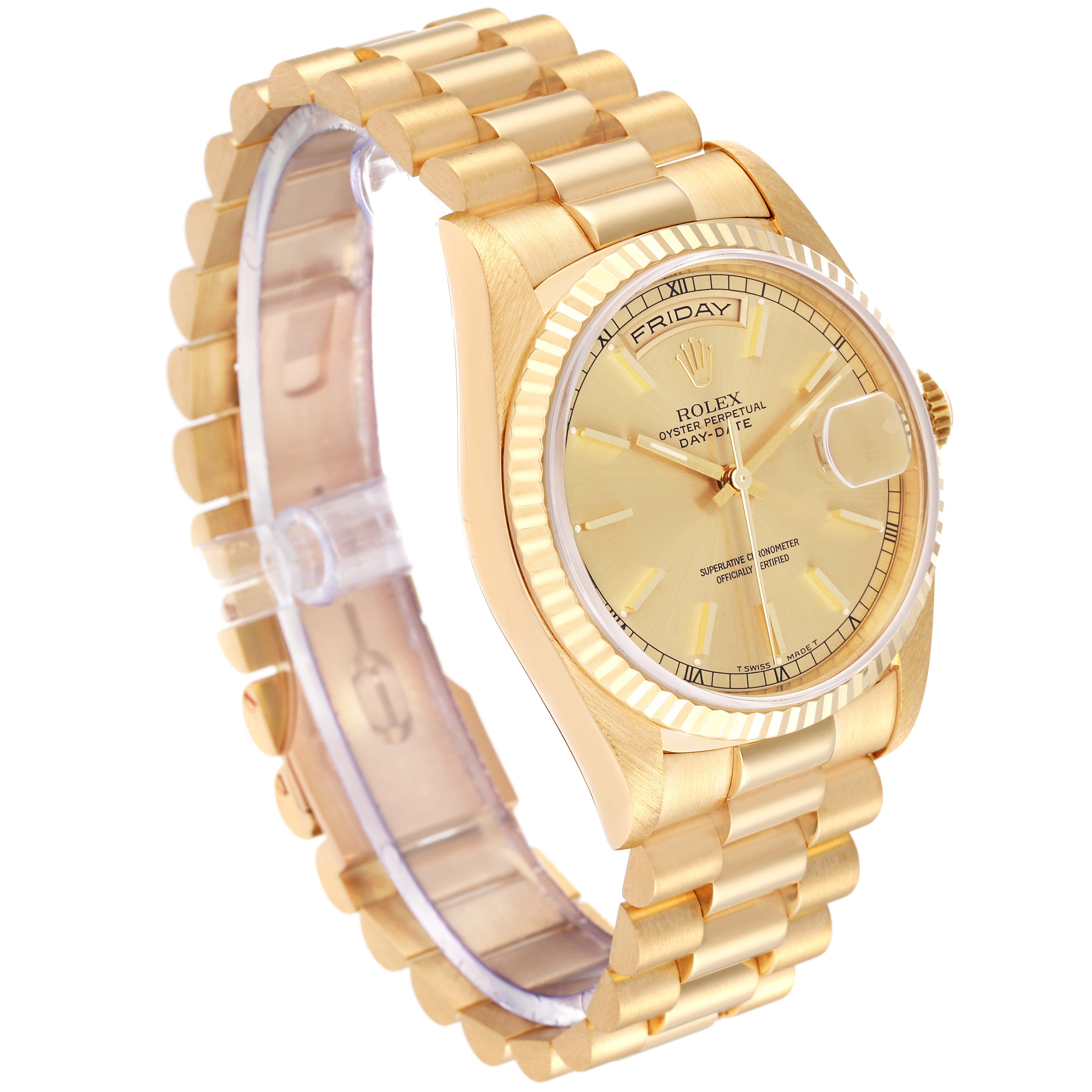 The image shows a side angle of the Rolex President 18238 Men's Yellow Gold Champagne Dial 18238 Men's Yellow Gold Champagne Dial model watch, clearly displaying the dial, bezel, and bracelet.