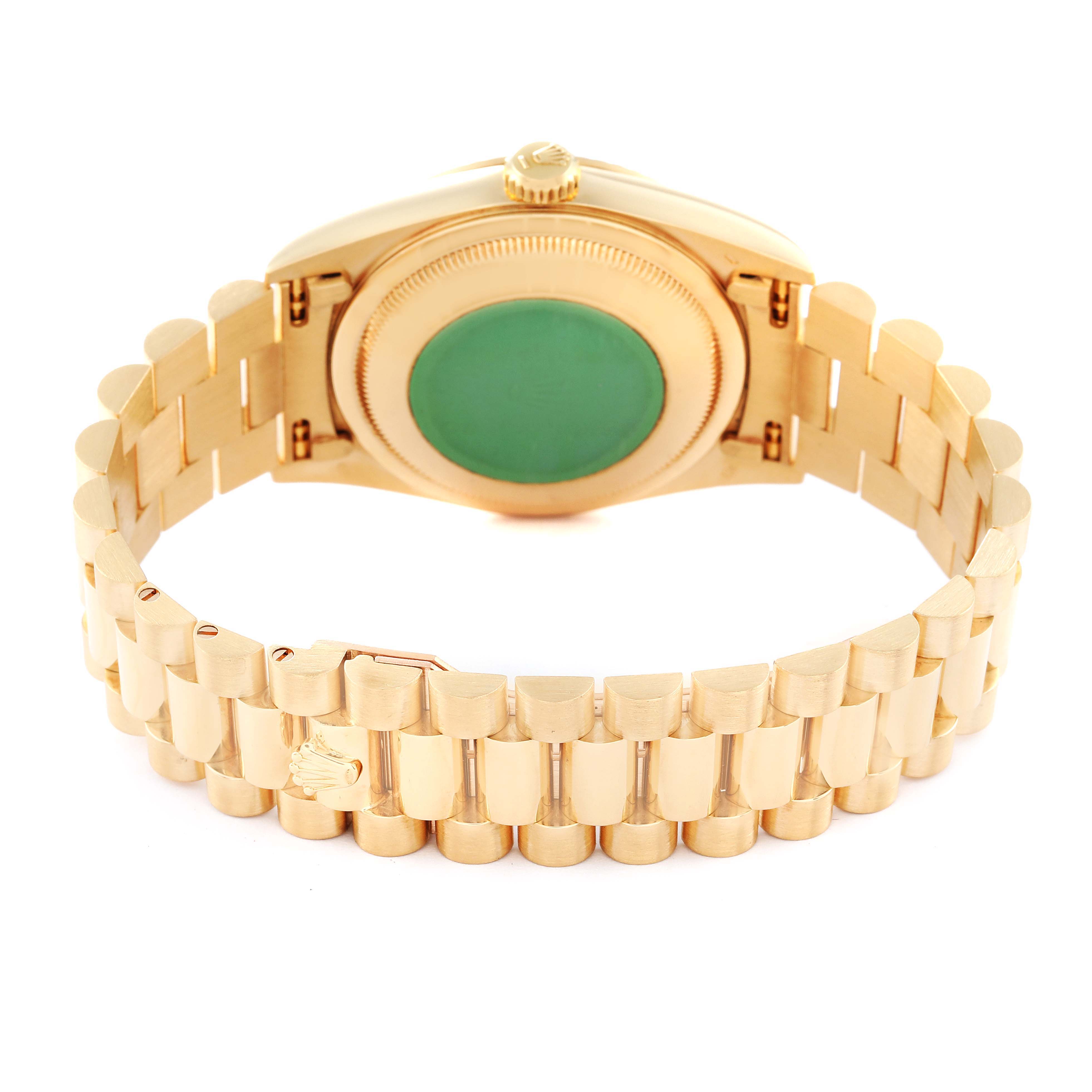 The image shows the back view of the Rolex President 18238 Men's Yellow Gold Champagne Dial 18238 Men's Yellow Gold Champagne Dial model watch, highlighting the case back and part of the gold bracelet.