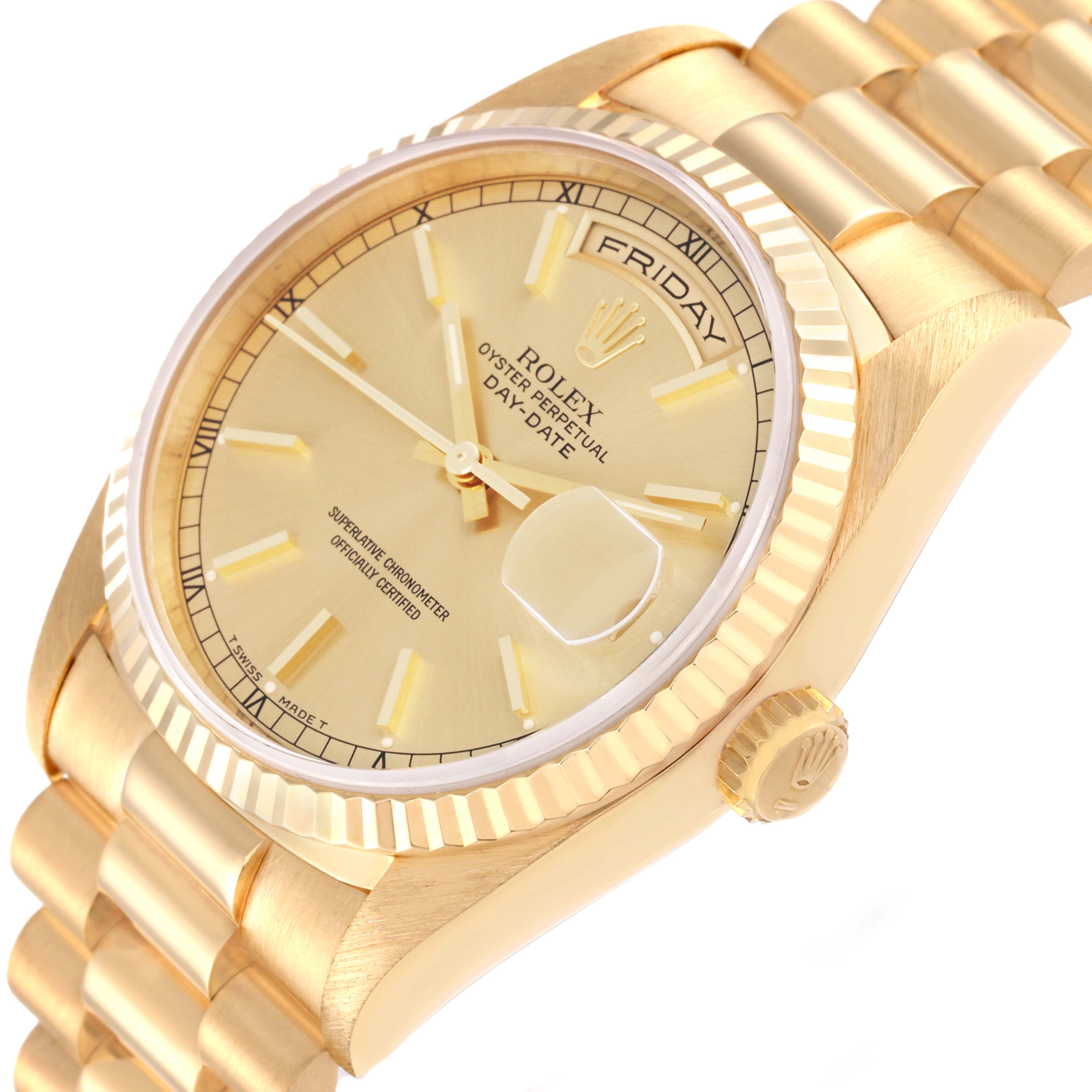 This is a close-up of a Rolex President 18238 Men's Yellow Gold Champagne Dial 18238 Men's Yellow Gold Champagne Dial model featuring the dial, crown, bezel, and part of the bracelet.