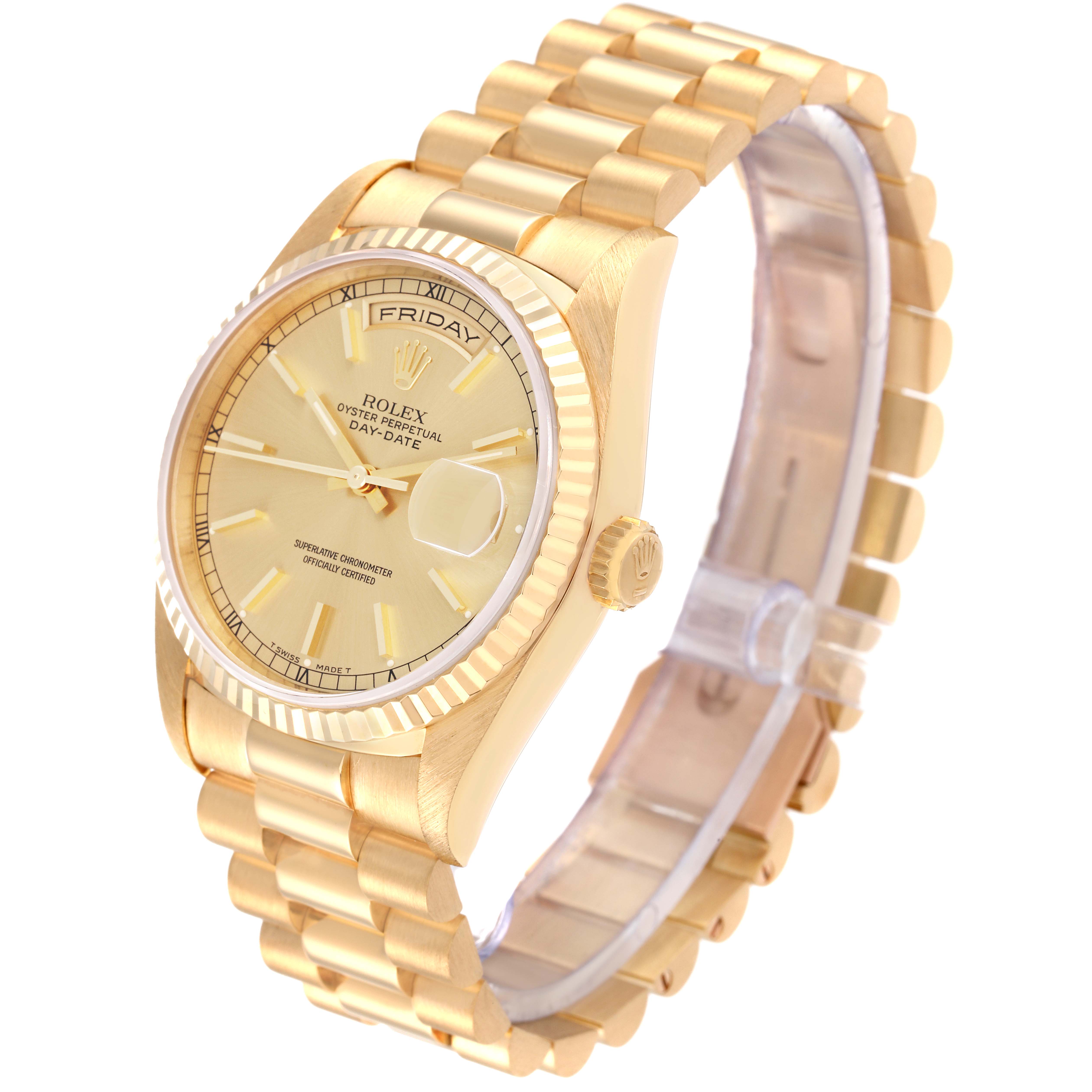 The image shows a Rolex President 18238 Men's Yellow Gold Champagne Dial 18238 Men's Yellow Gold Champagne Dial watch with a gold band, bezel, crown, and dial, angled front-left.