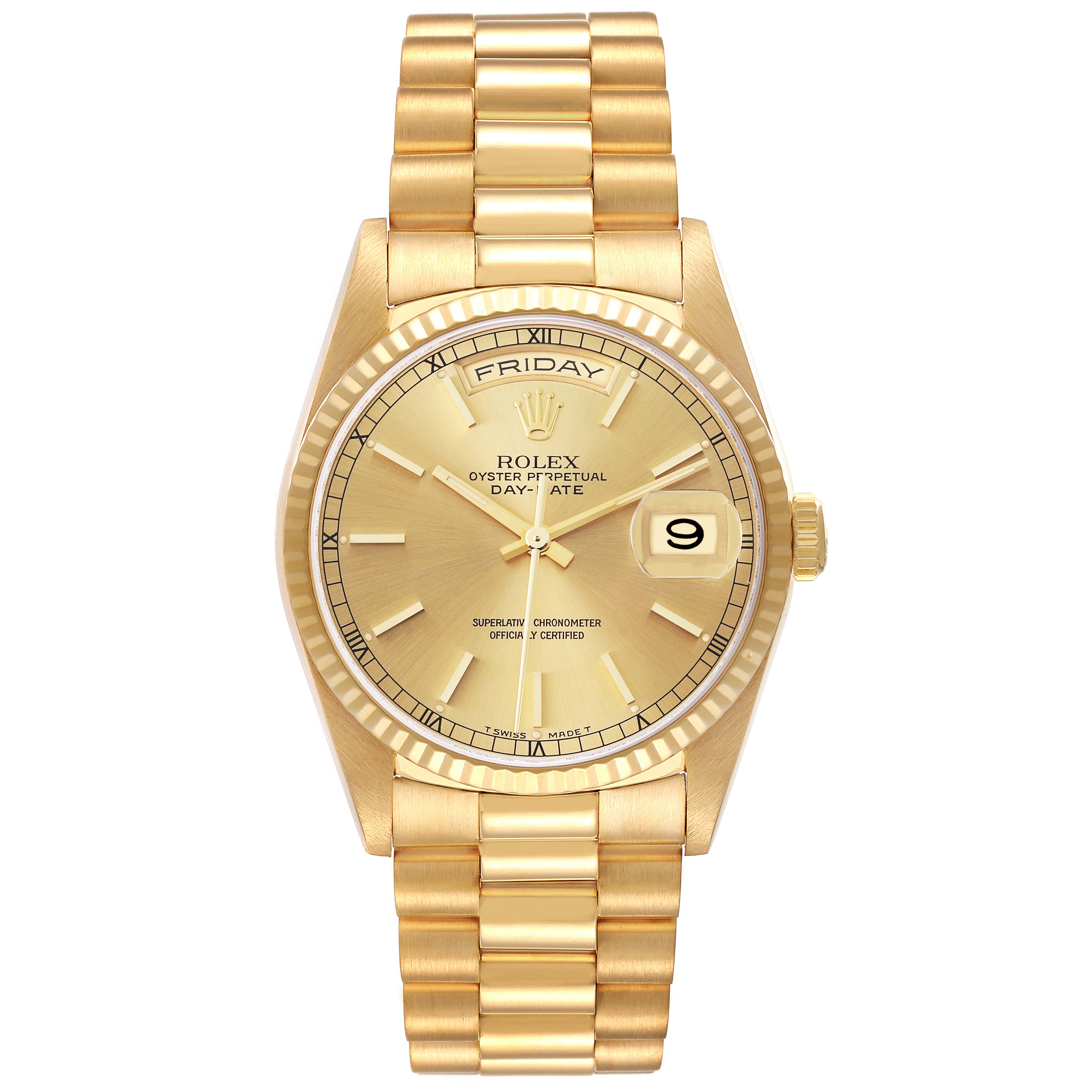 This is a Rolex President 18238 Men's Yellow Gold Champagne Dial 18238 Men's Yellow Gold Champagne Dial model watch shown from a top-down angle, highlighting its full face, dial, and bracelet.