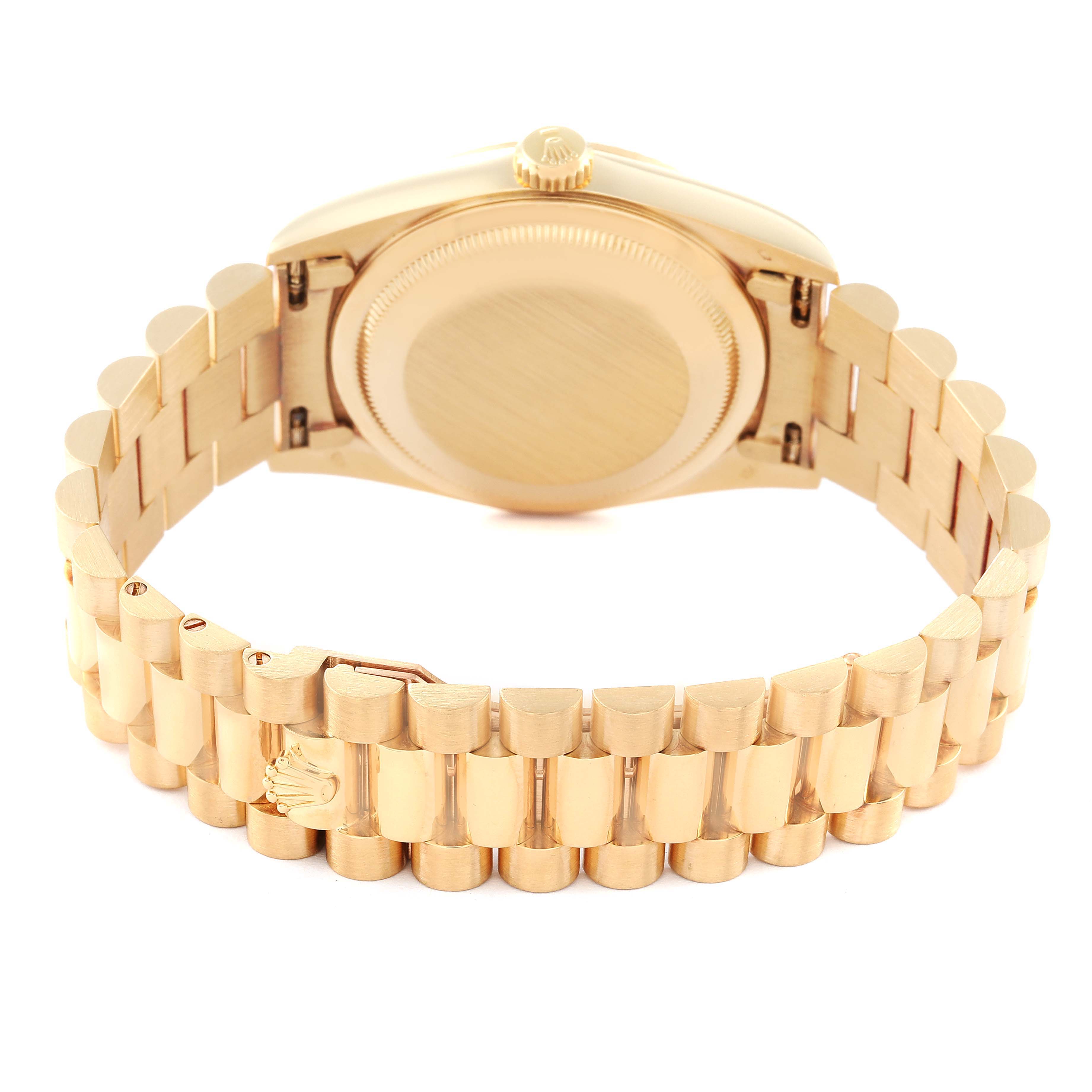 This image shows the back and bracelet of a Rolex President 18238 Men
s Yellow Gold Champagne Dial 18238 Men
s Yellow Gold Champagne Dial model watch at an angled rear view.