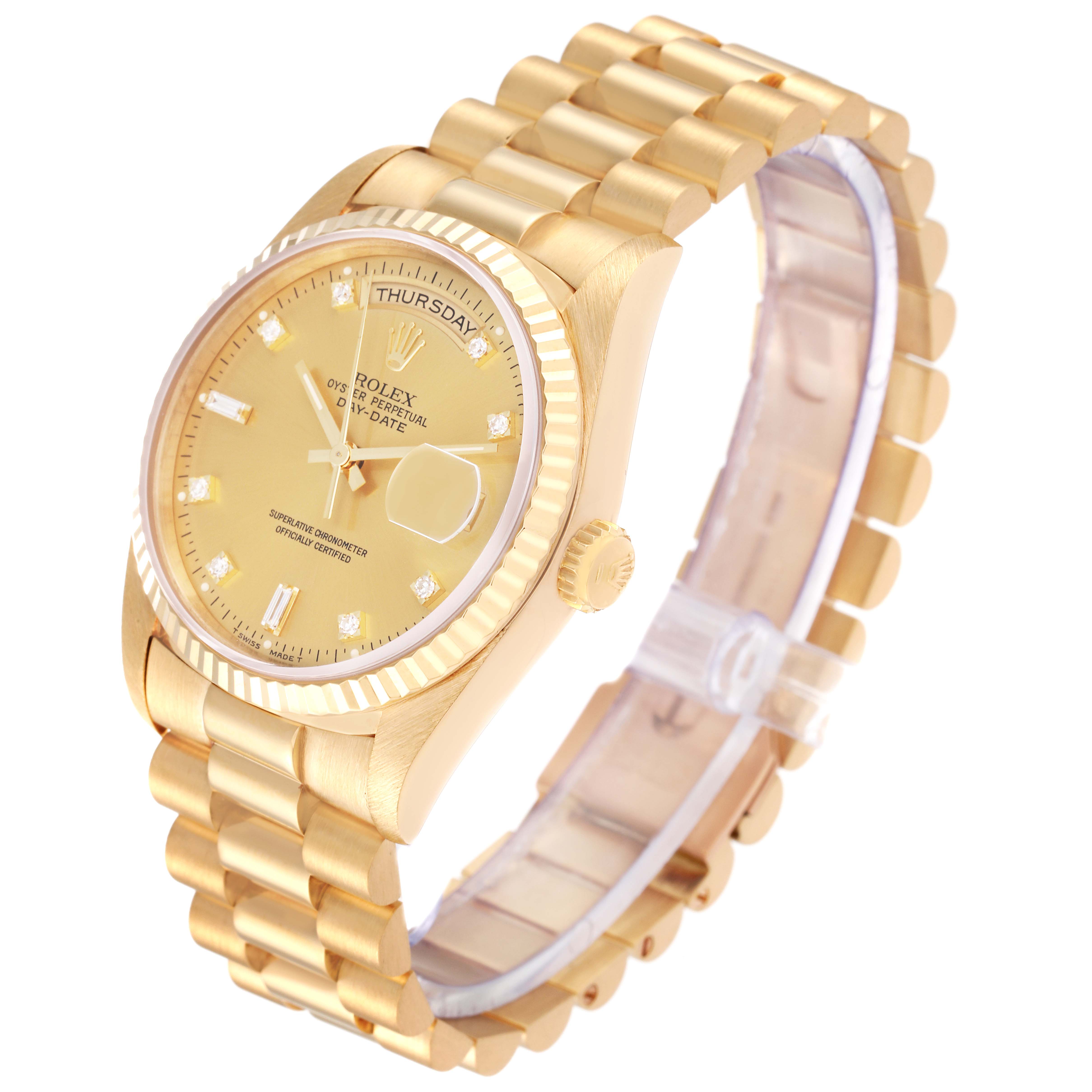 The Rolex President 18238 Men
s Yellow Gold Champagne Dial 18238 Men
s Yellow Gold Champagne Dial model watch is shown at a three-quarter angle, highlighting the face, bezel, crown, and bracelet.