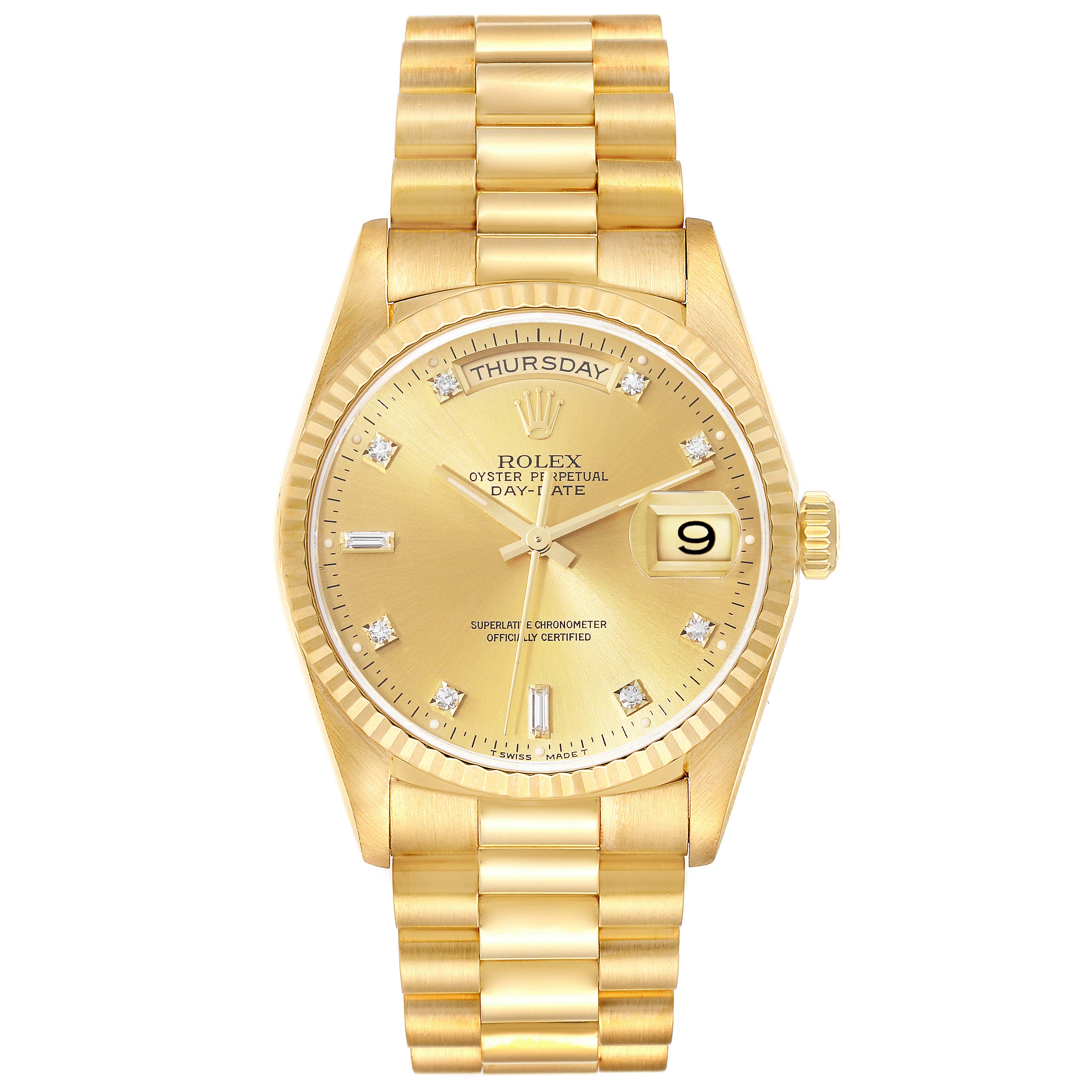 This image shows a front view of a Rolex President 18238 Men
s Yellow Gold Champagne Dial 18238 Men
s Yellow Gold Champagne Dial model watch, displaying the dial, case, and bracelet.
